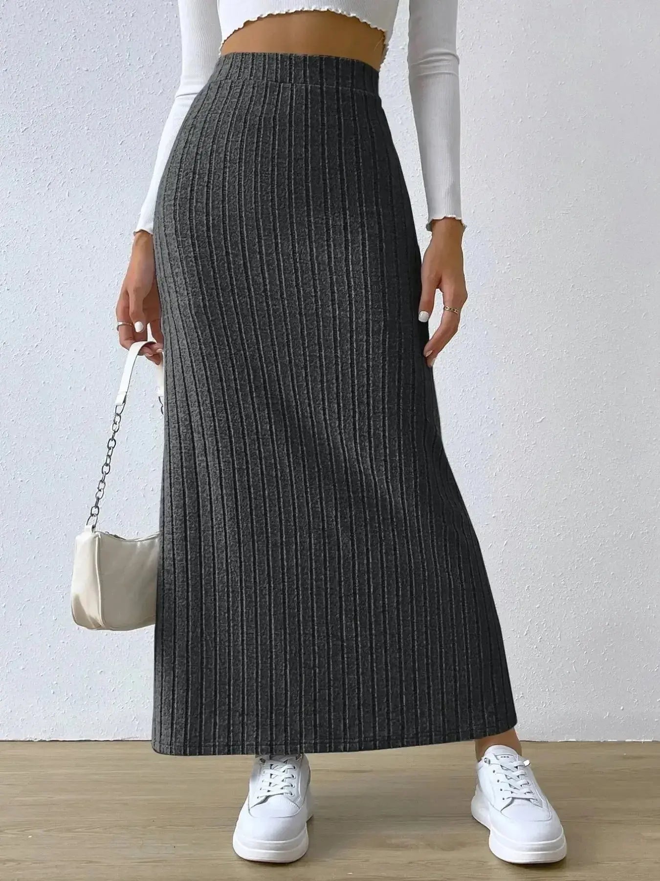 High Waist Ribbed Knit Maxi Skirt - DaisyDrop 