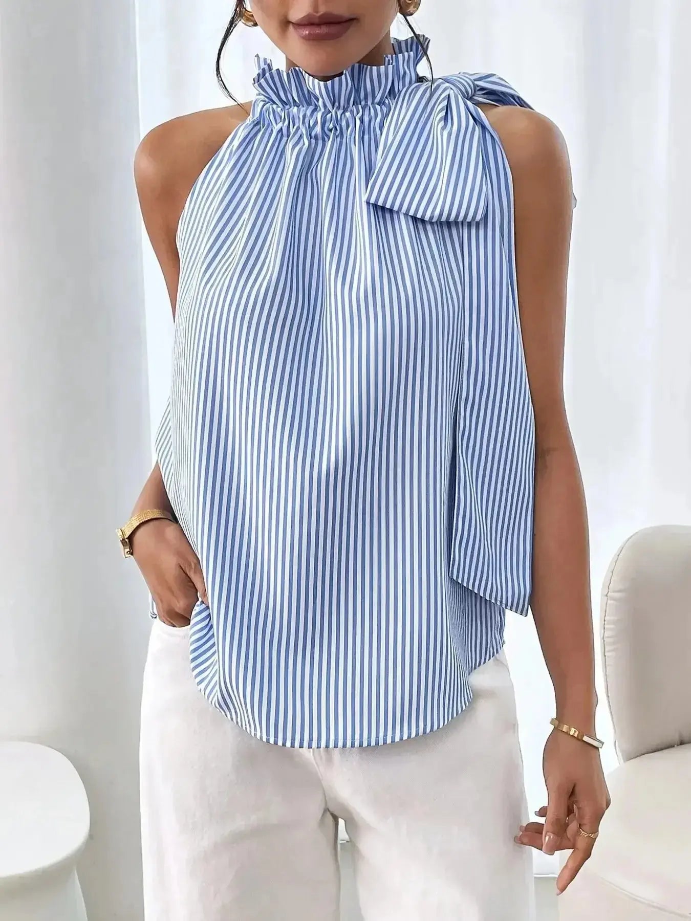 Striped Sleeveless Blouse with Bow Tie Detail - DaisyDrop 