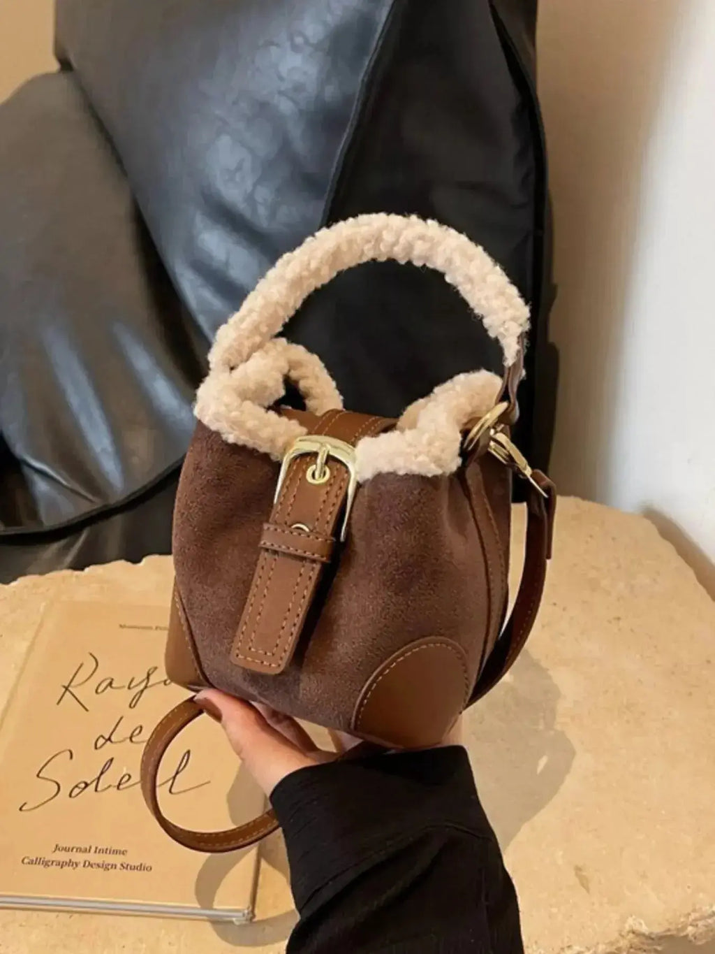 Fuzzy Trim Bucket Crossbody Bag - DaisyDrop 