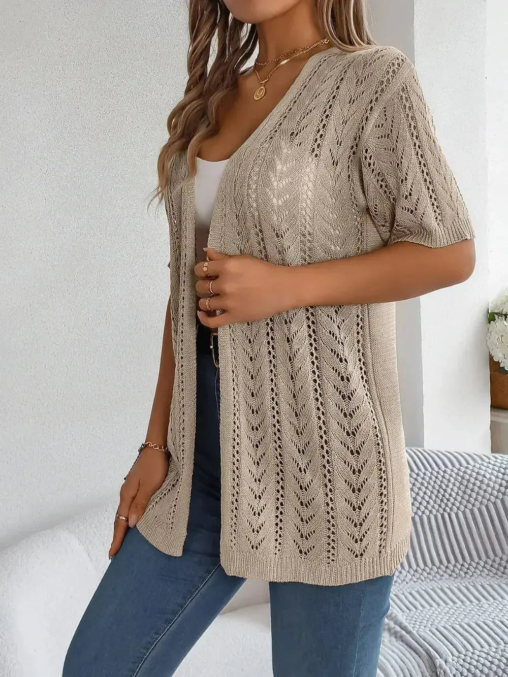 Openwork Open Front Half Sleeve Cardigan - DaisyDrop 