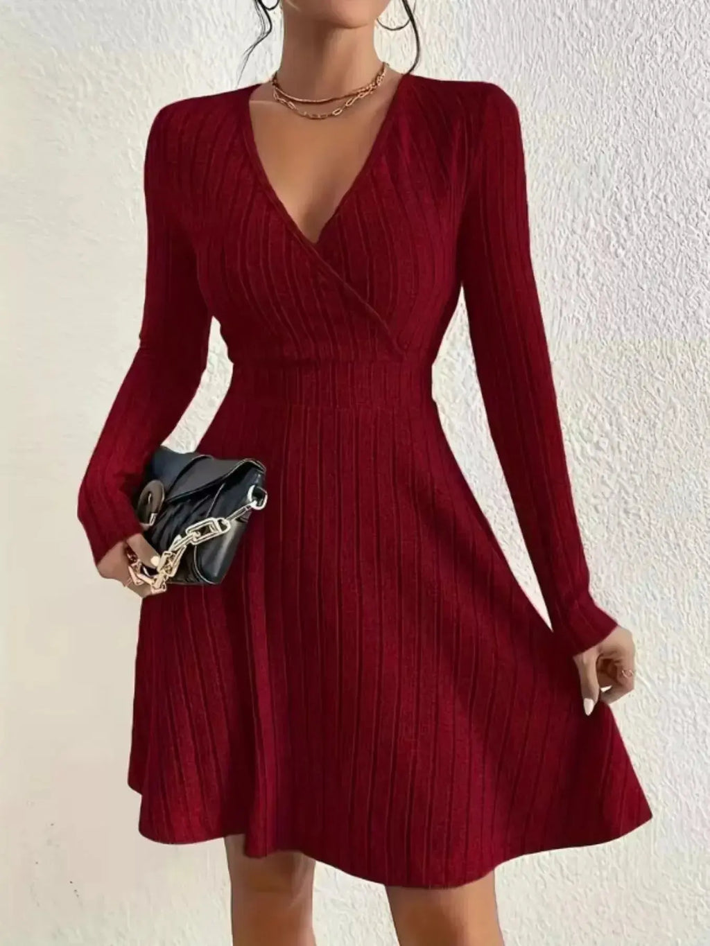 Ribbed Knit Wrap Mini Dress - DaisyDrop 