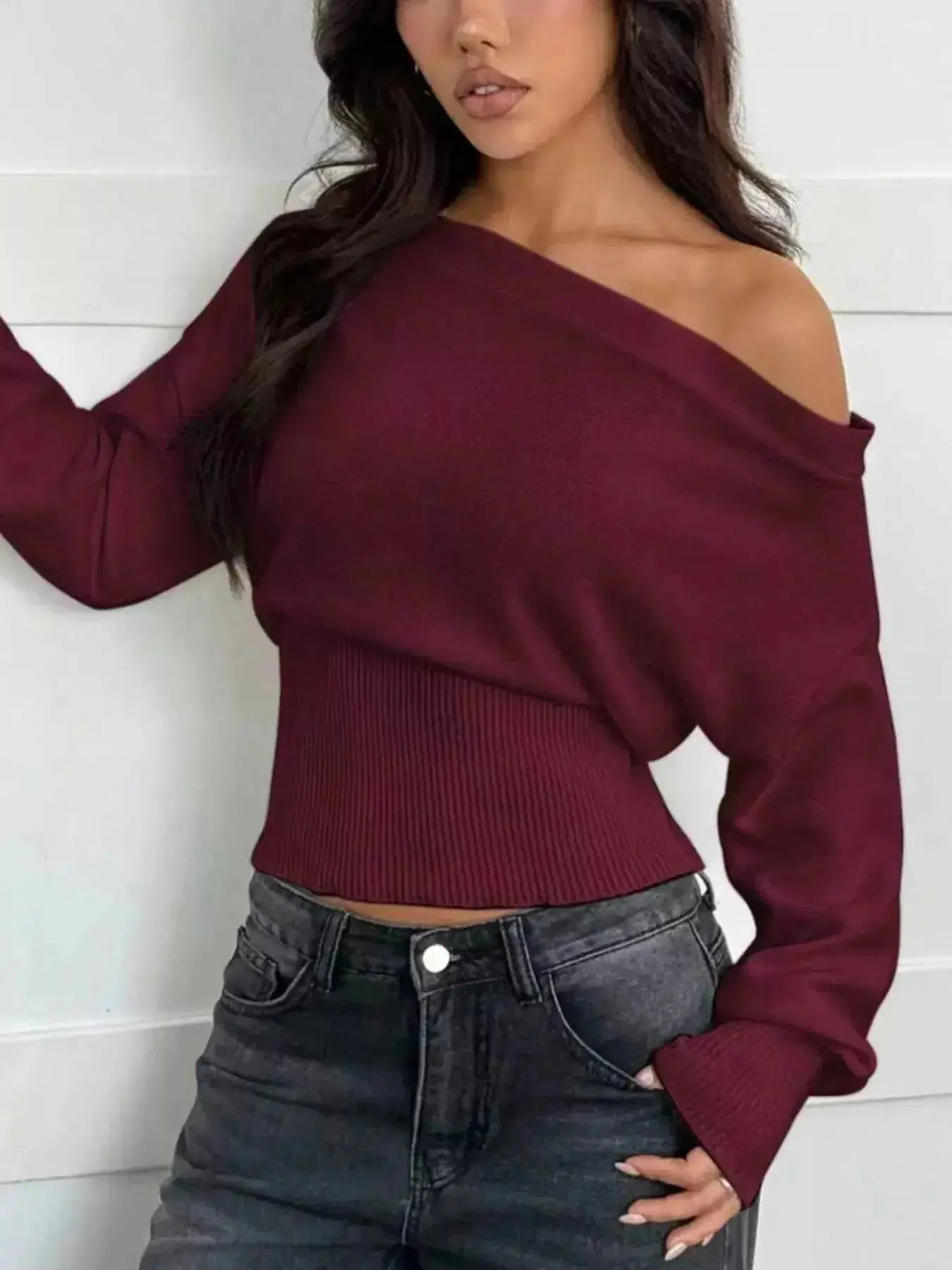 One Shoulder Cropped Sweater - DaisyDrop 