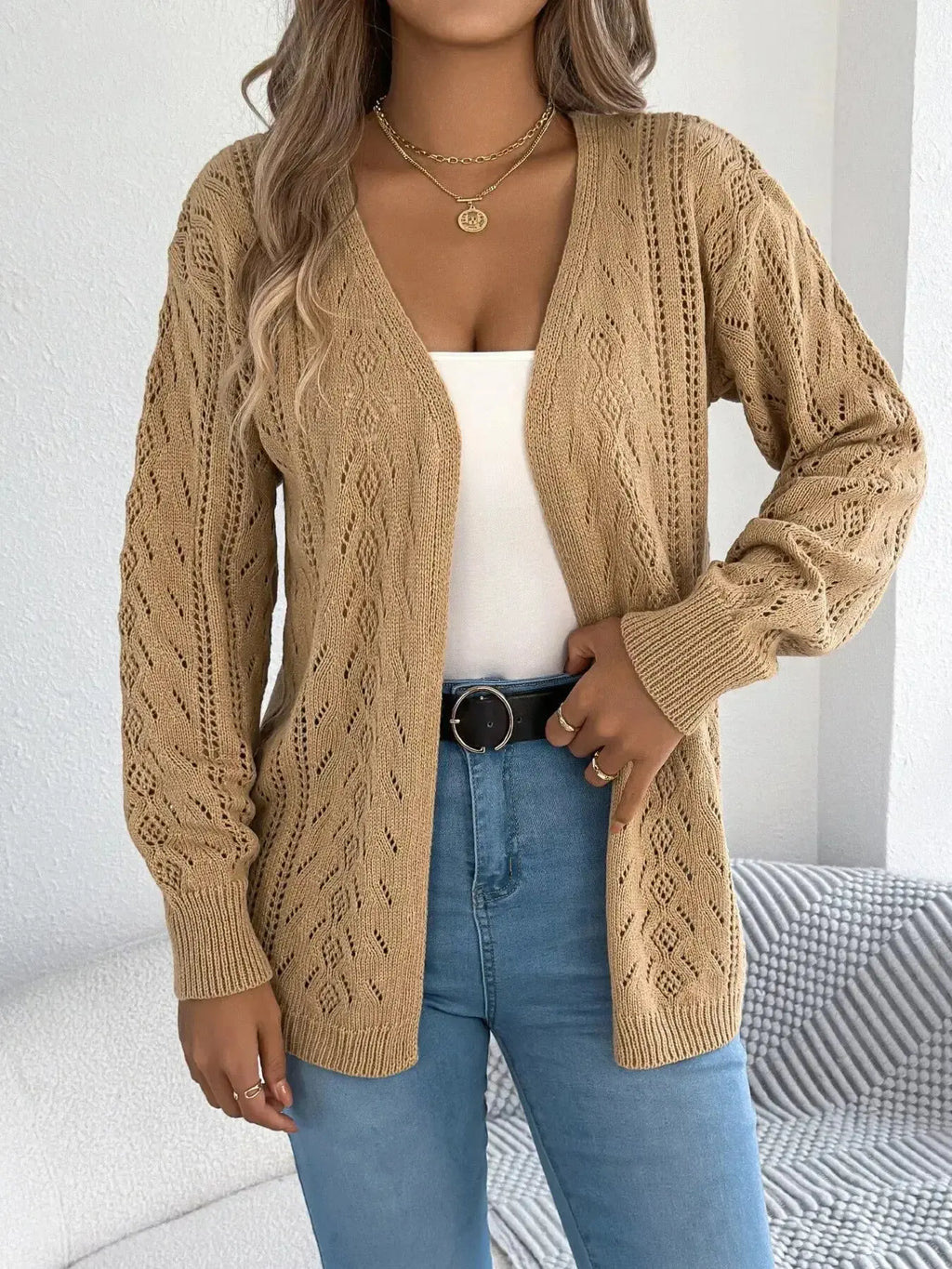 Openwork Open Front Cardigan - DaisyDrop 