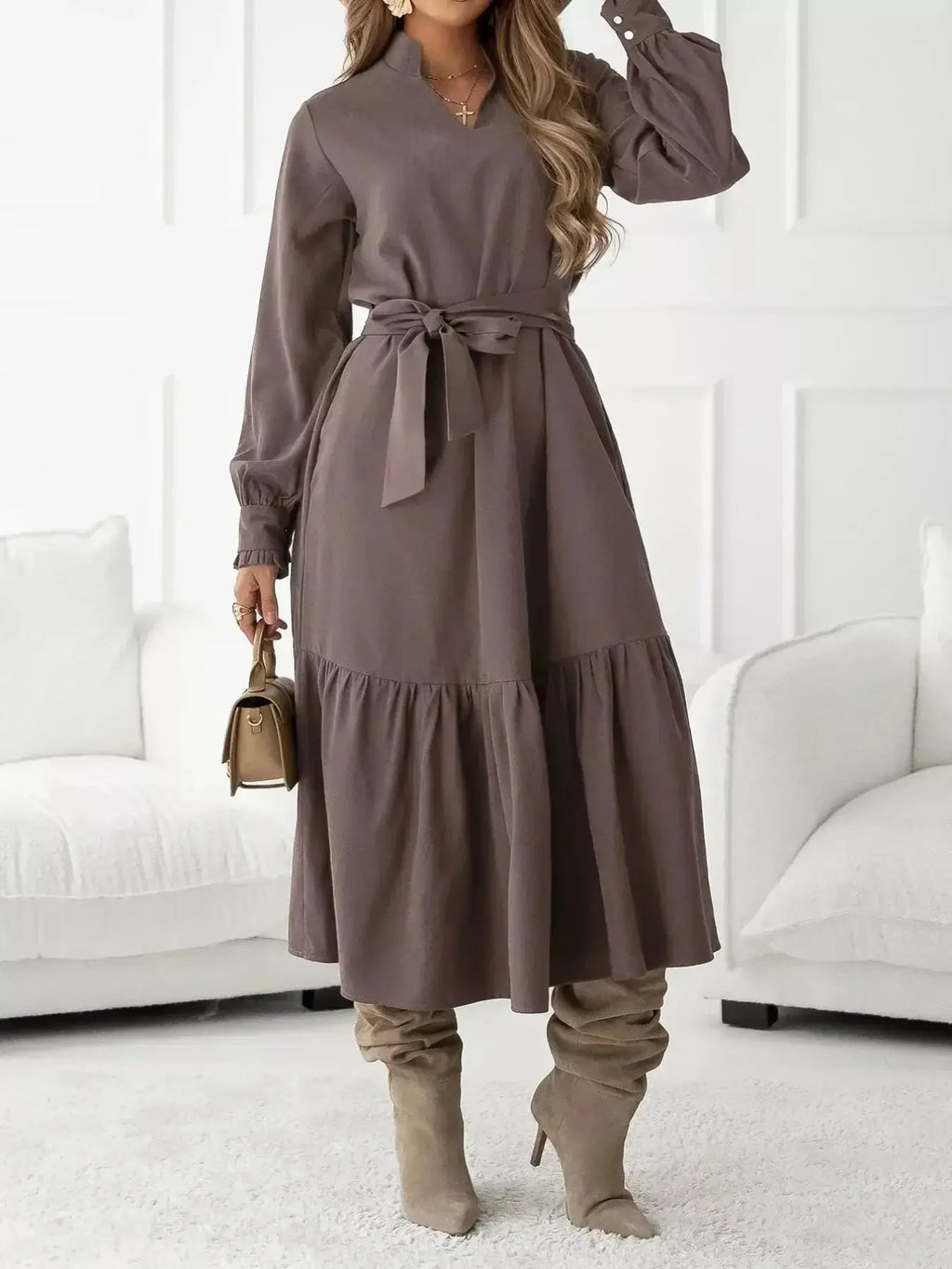 Long Sleeve Tie Waist Ruffle Hem Midi Dress - DaisyDrop 