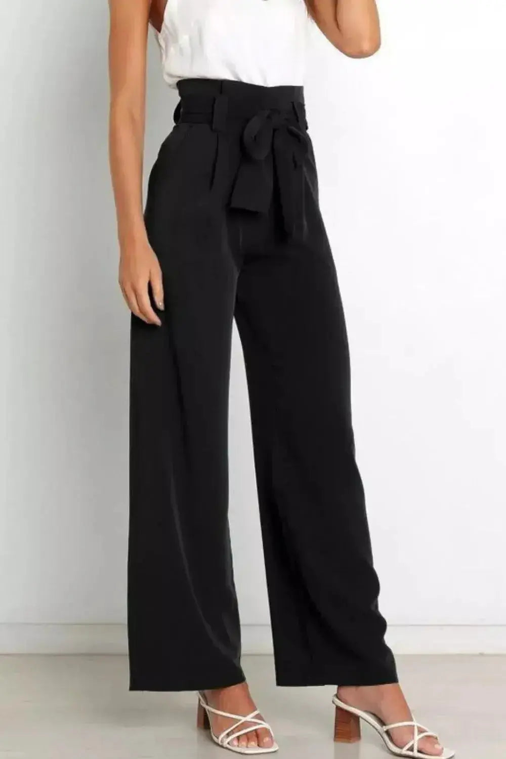 High Waist Tie Front Wide Leg Pants - DaisyDrop 