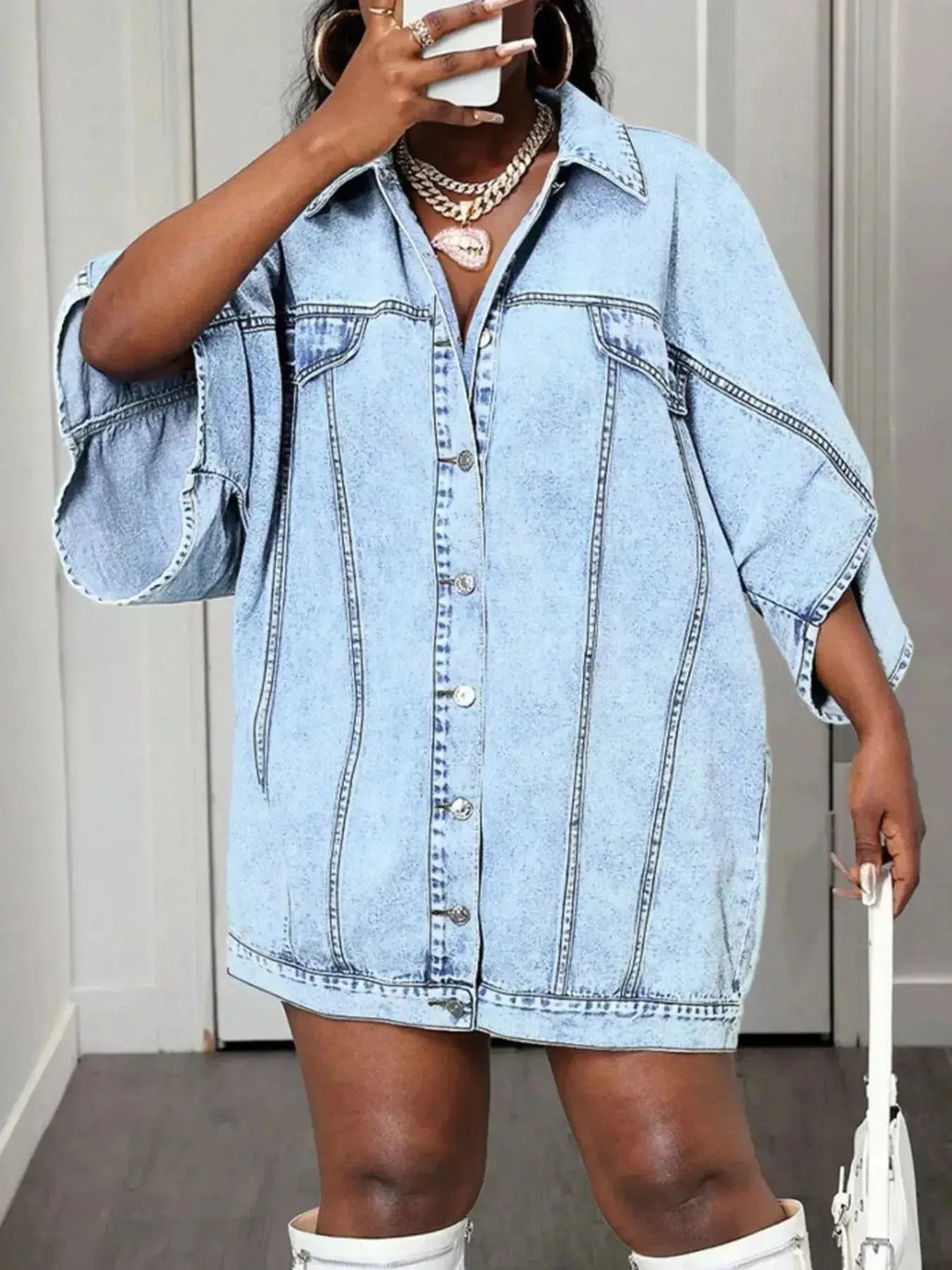 Oversized Batwing Sleeve Denim Top - DaisyDrop 