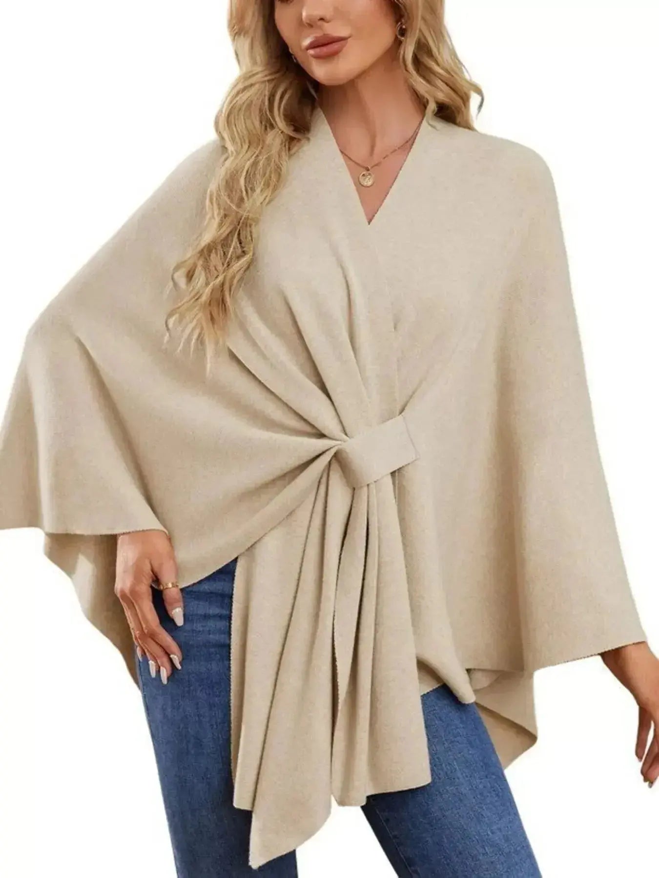 Solid Color Tie-Front Knit Cape Top - DaisyDrop 