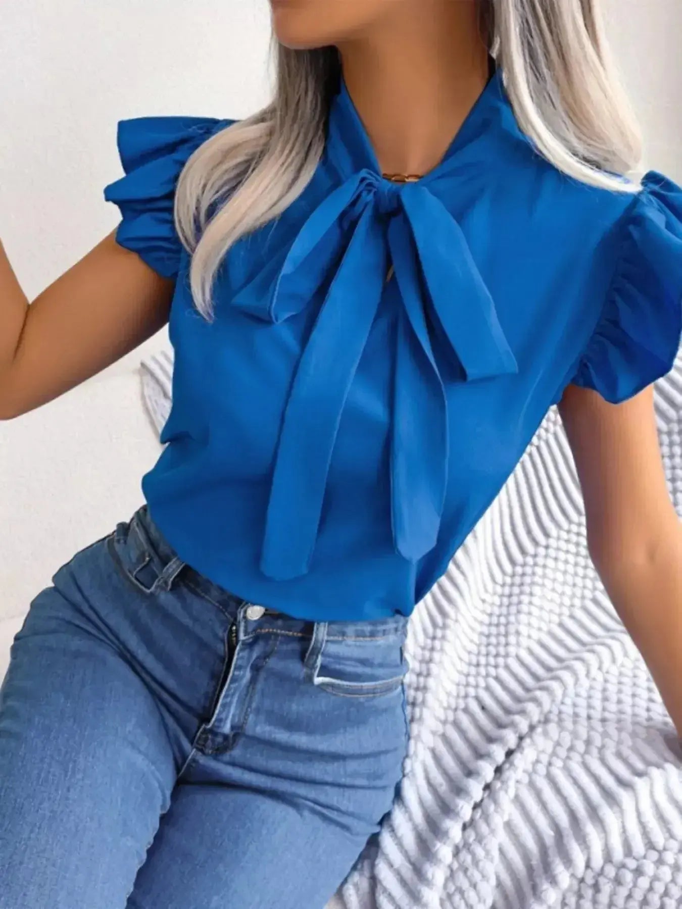 Bow Tie Ruffle Sleeve Blouse - DaisyDrop 
