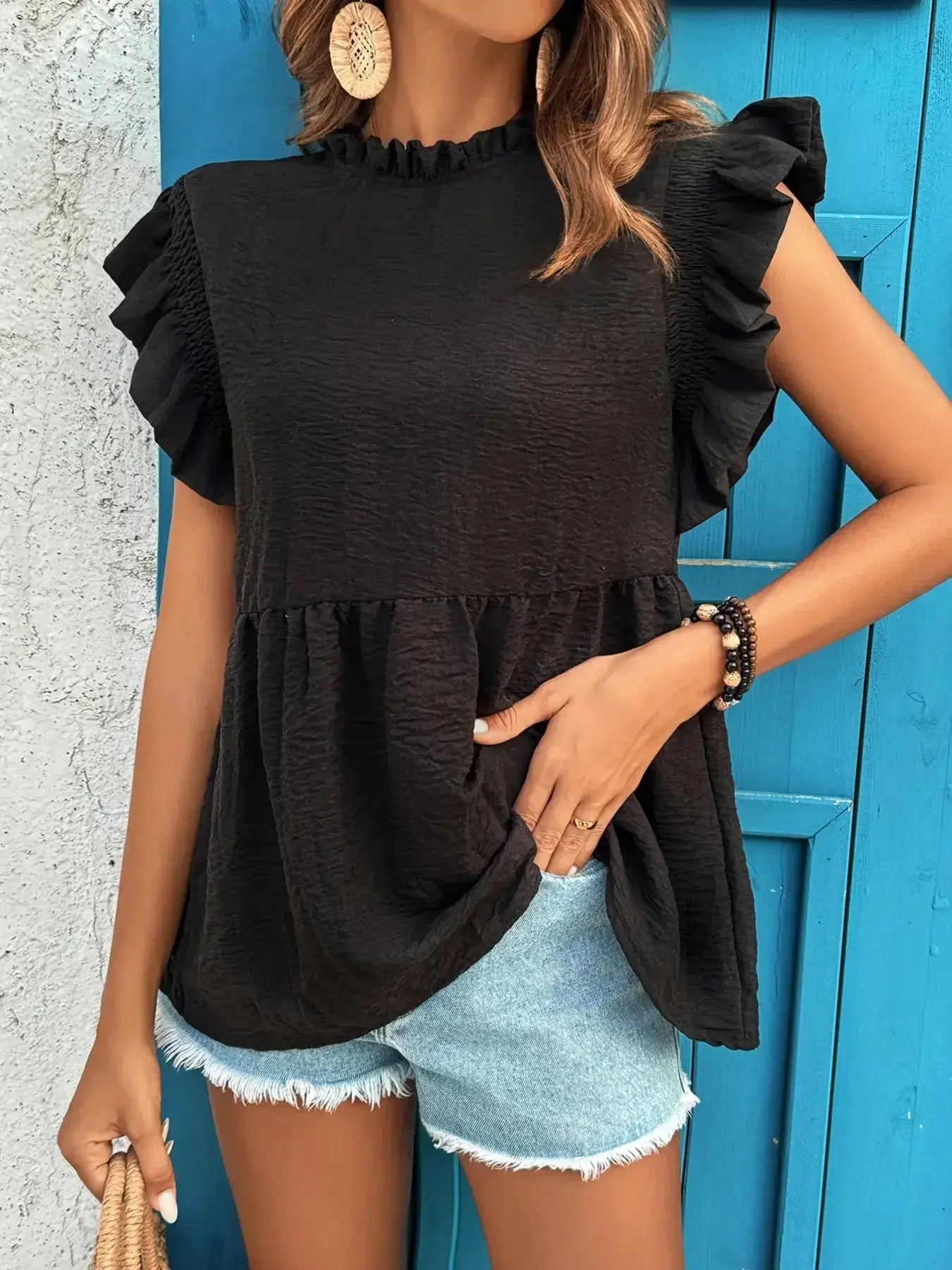 Ruffled Cap Sleeve Blouse - DaisyDrop 