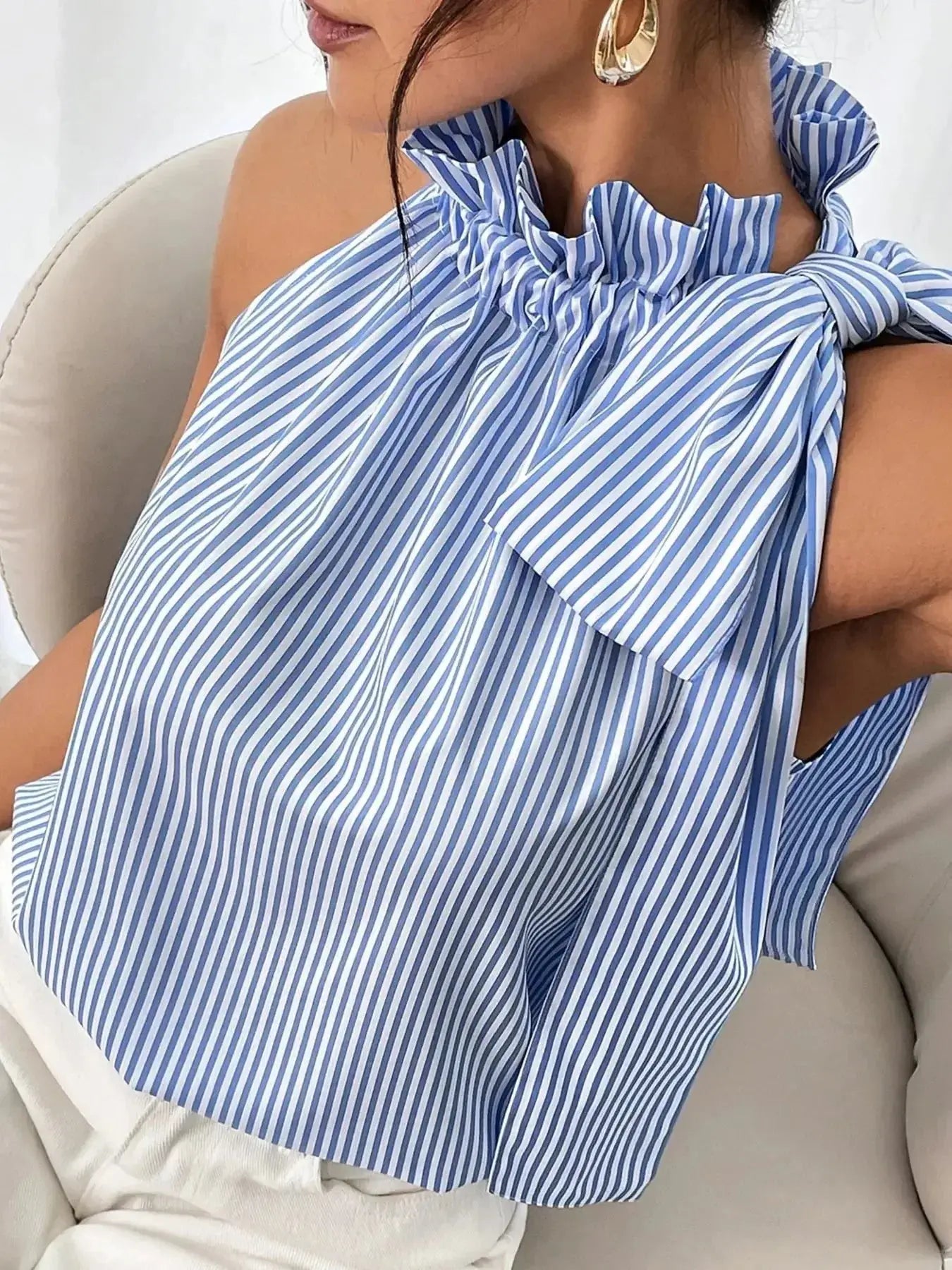 Striped Sleeveless Blouse with Bow Tie Detail - DaisyDrop 