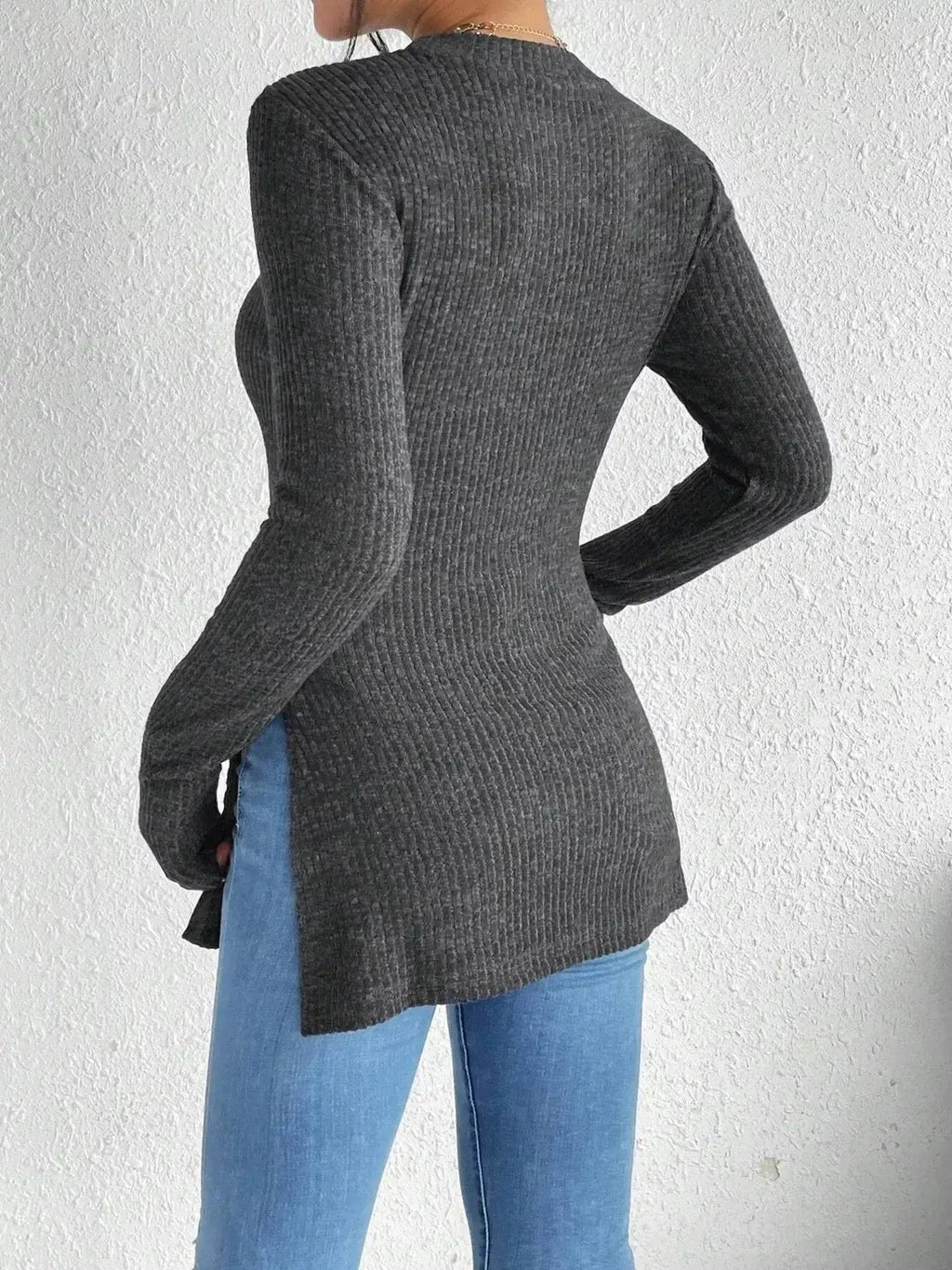 Slit Round Neck Long Sleeve T-Shirt - DaisyDrop 