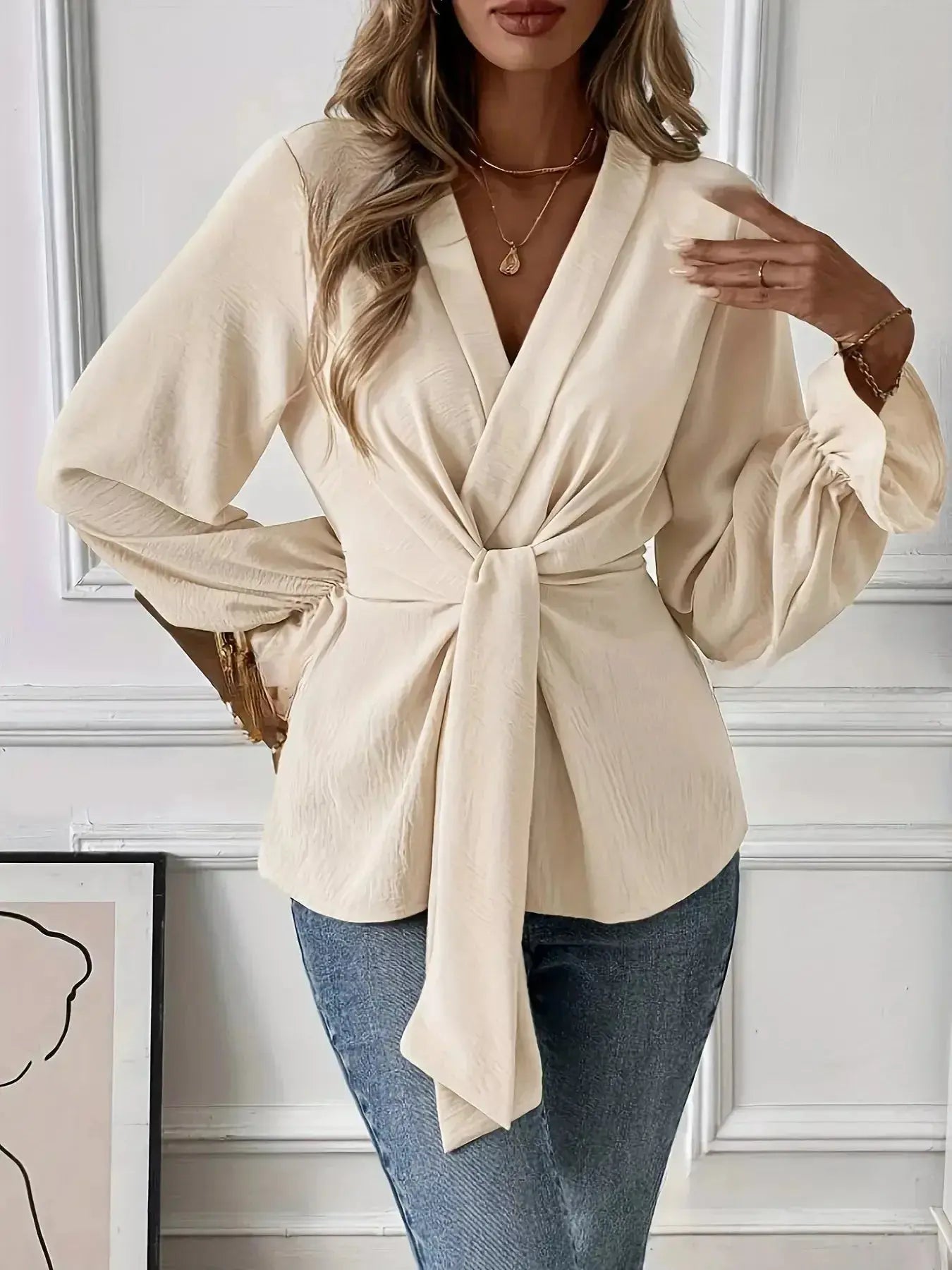 Knot Front Flounce Sleeve Blouse - DaisyDrop 