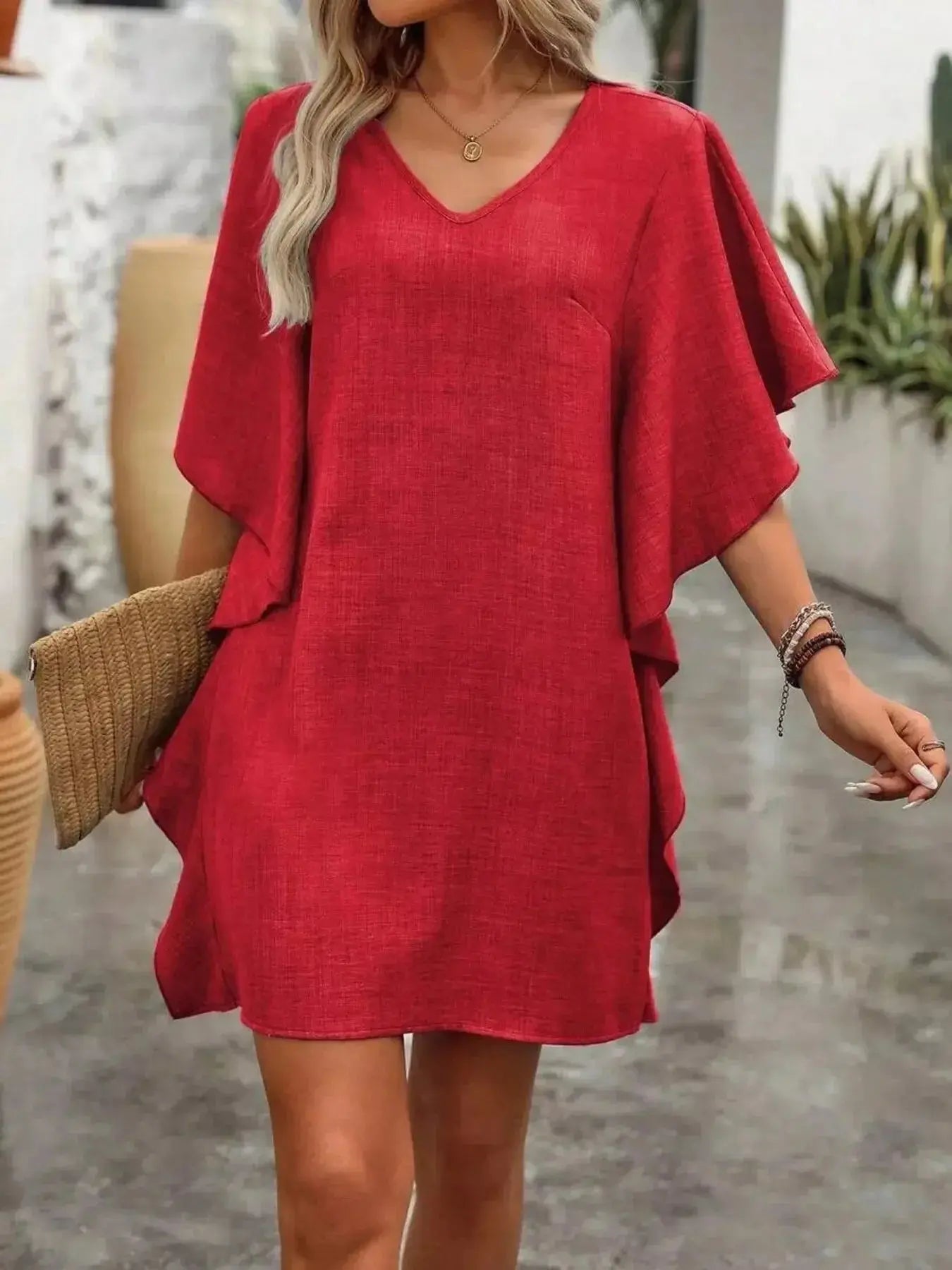 Ruffled Flutter Sleeve V-Neck Mini Dress - DaisyDrop 