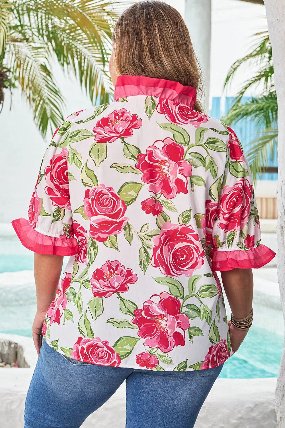Elise Plus Size Floral Frilled Stripes Blouse Threaded Pear