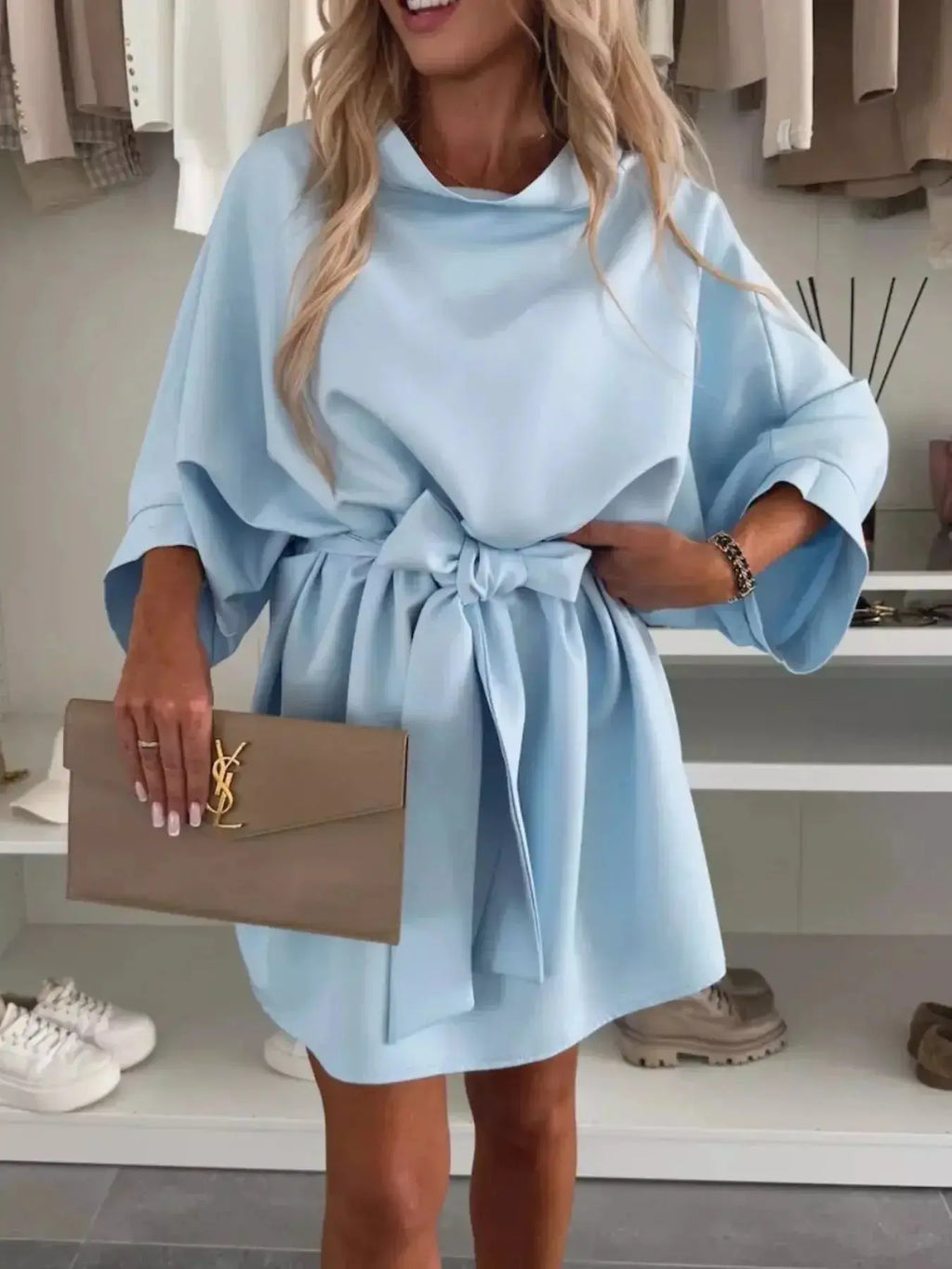 Batwing Sleeve Tie Waist Mini Dress - DaisyDrop 