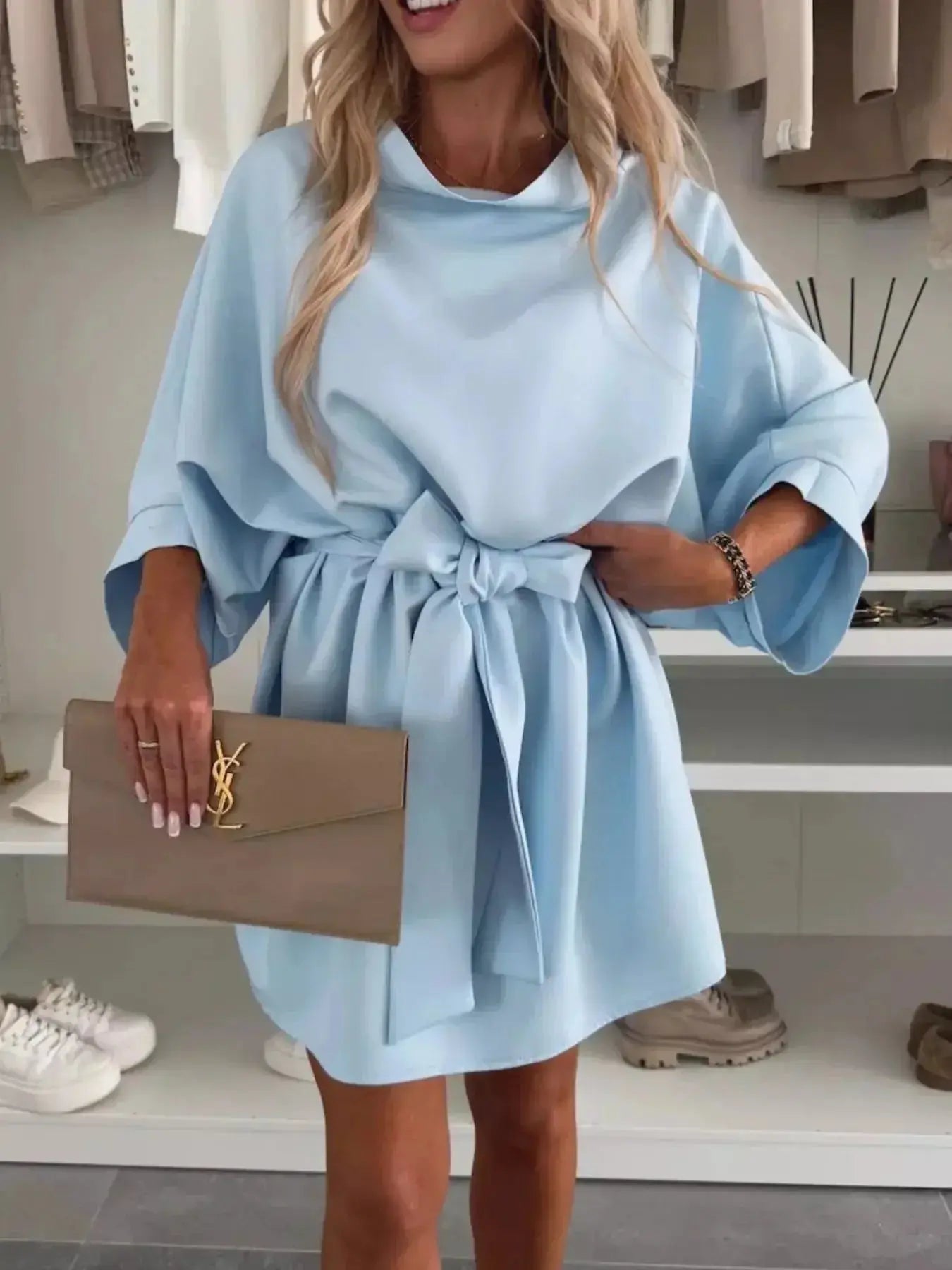 Batwing Sleeve Tie Waist Mini Dress - DaisyDrop 