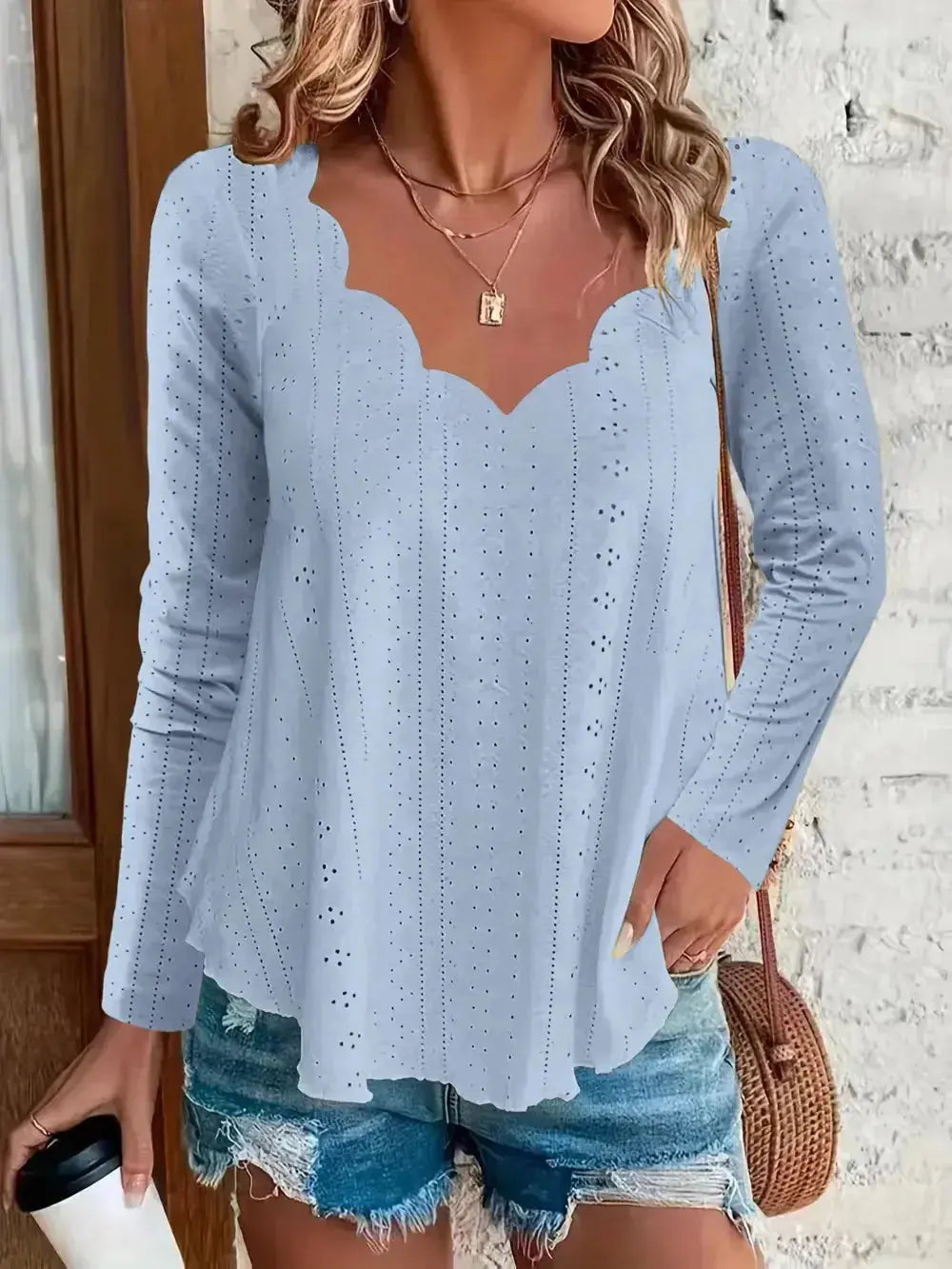Eyelet Long Sleeve Blouse - DaisyDrop 