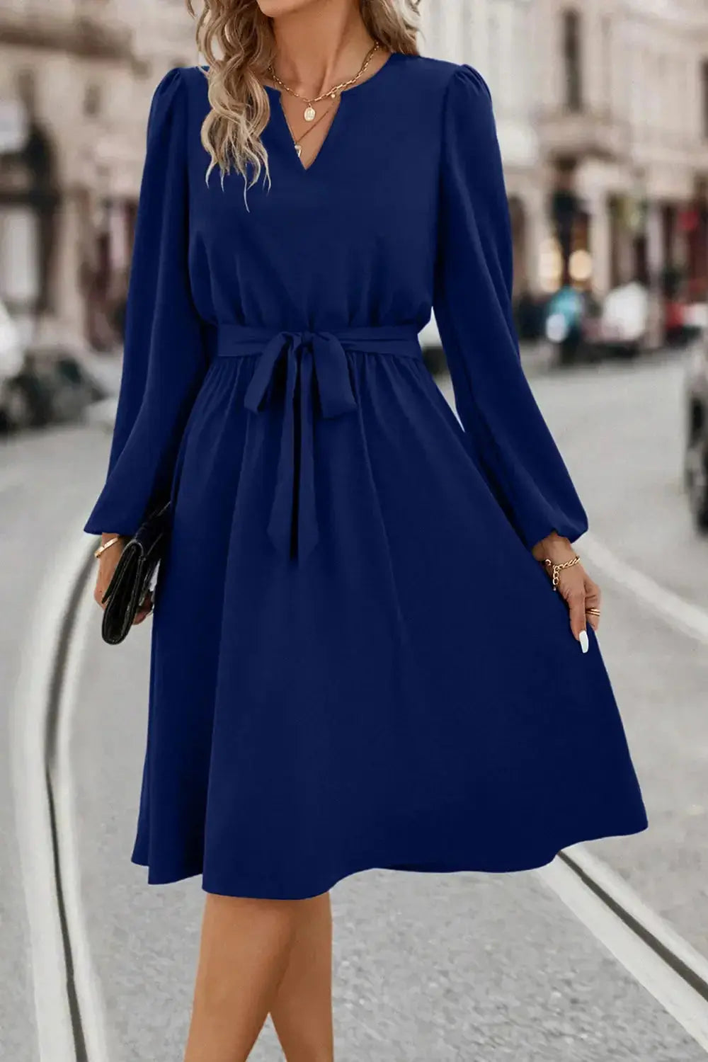 Tie Waist Notched Neck Long Sleeve Dress - DaisyDrop 