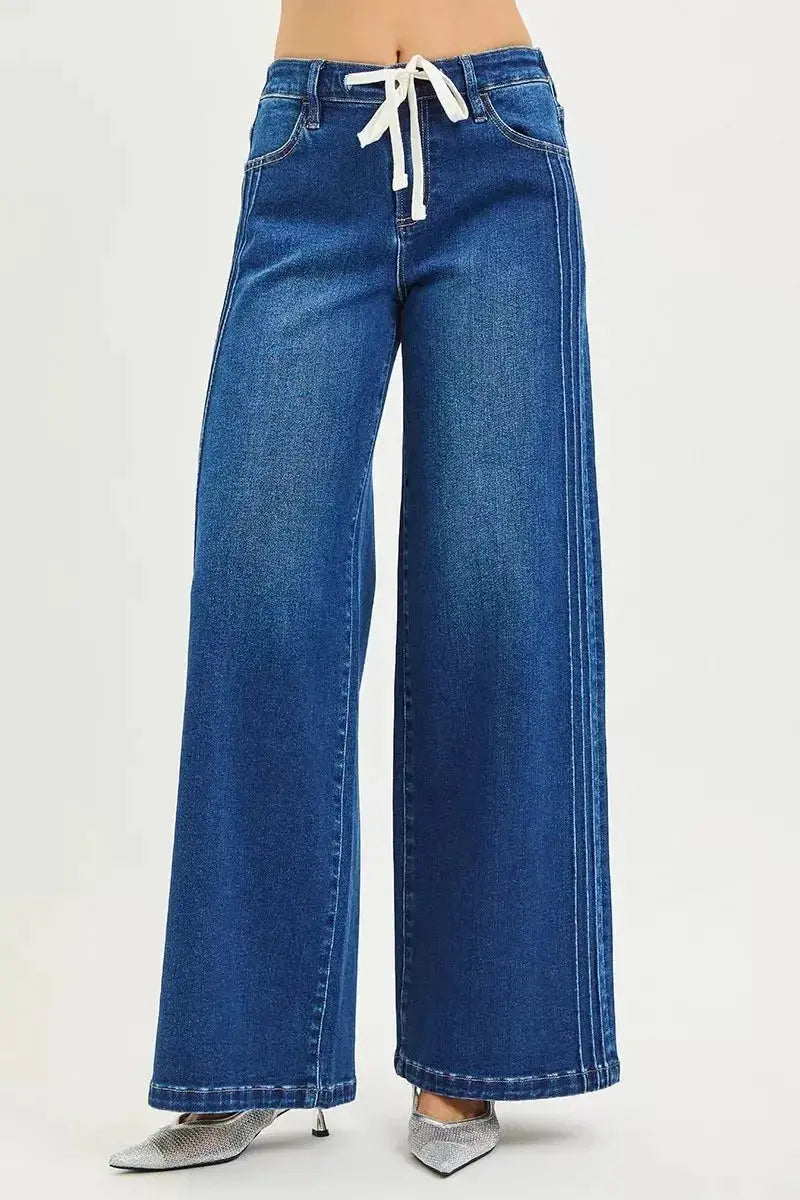RISEN Full Size Mid Rise Wide Side Pintuck Jeans with Front Drawstring Plus Size - DaisyDrop 
