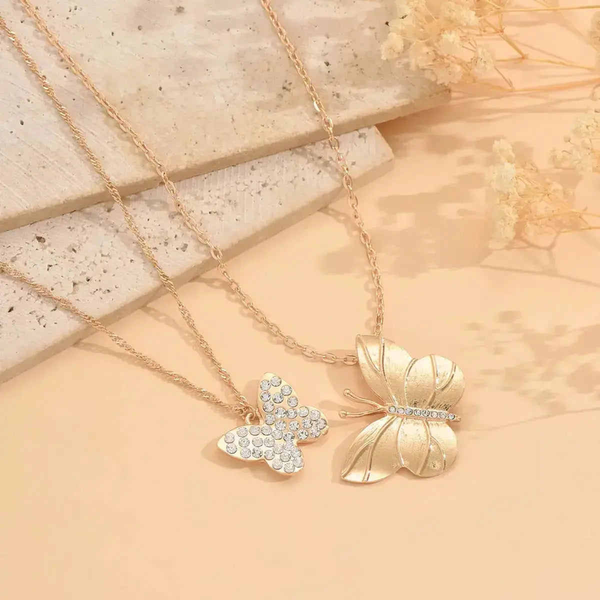 2 Piece 18K Gold-Plated Rhinestone Butterfly Necklace - DaisyDrop 
