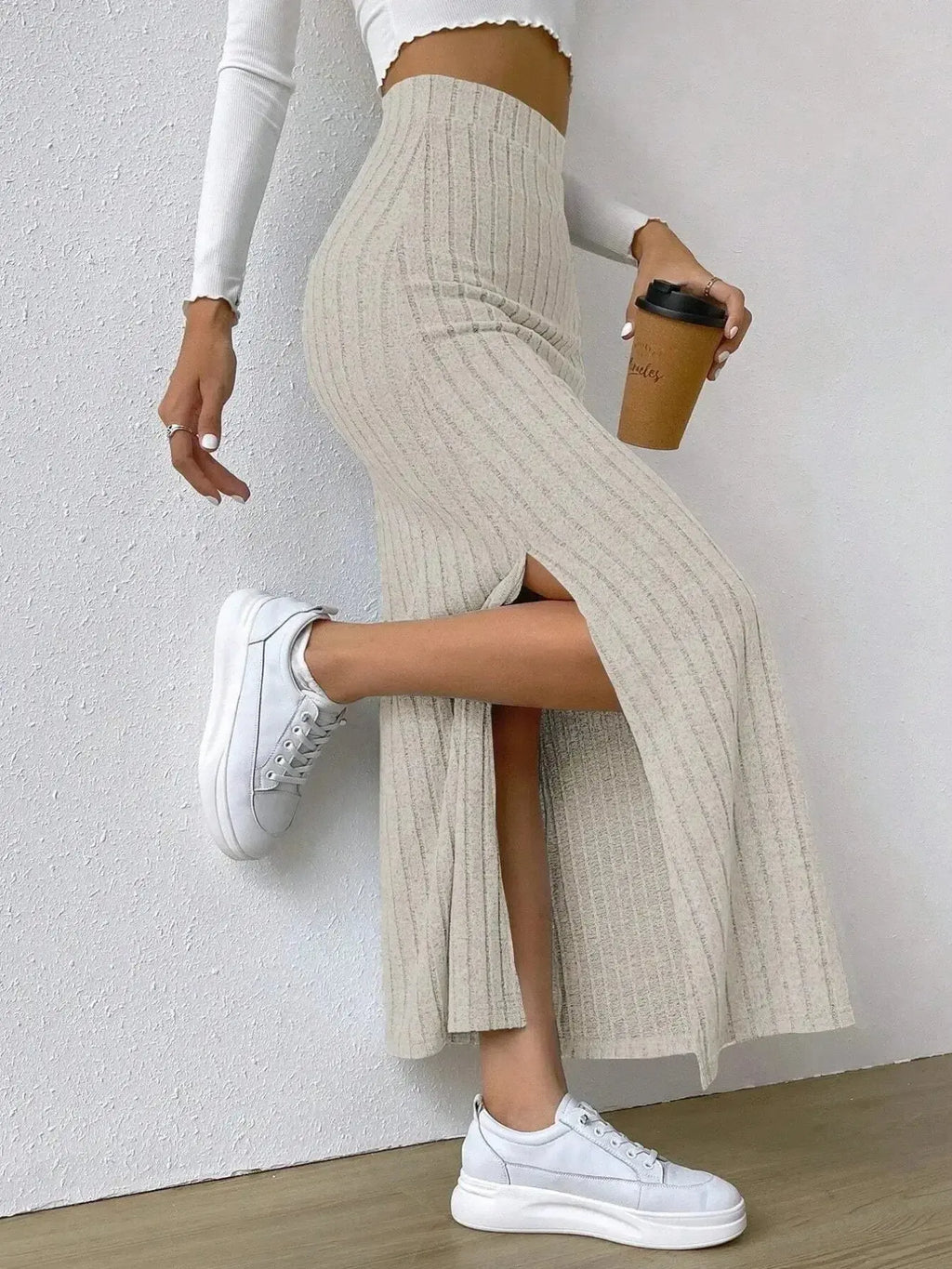 High Waist Ribbed Knit Maxi Skirt - DaisyDrop 