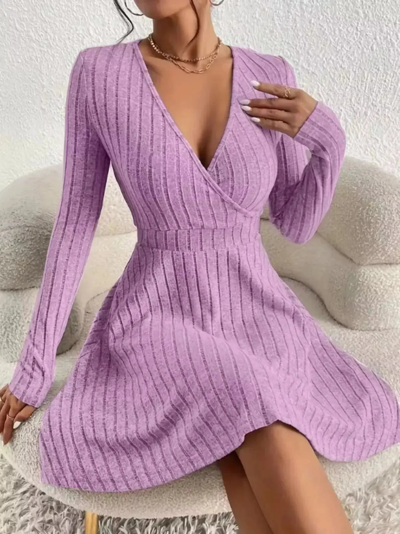 Ribbed Knit Wrap Mini Dress - DaisyDrop 