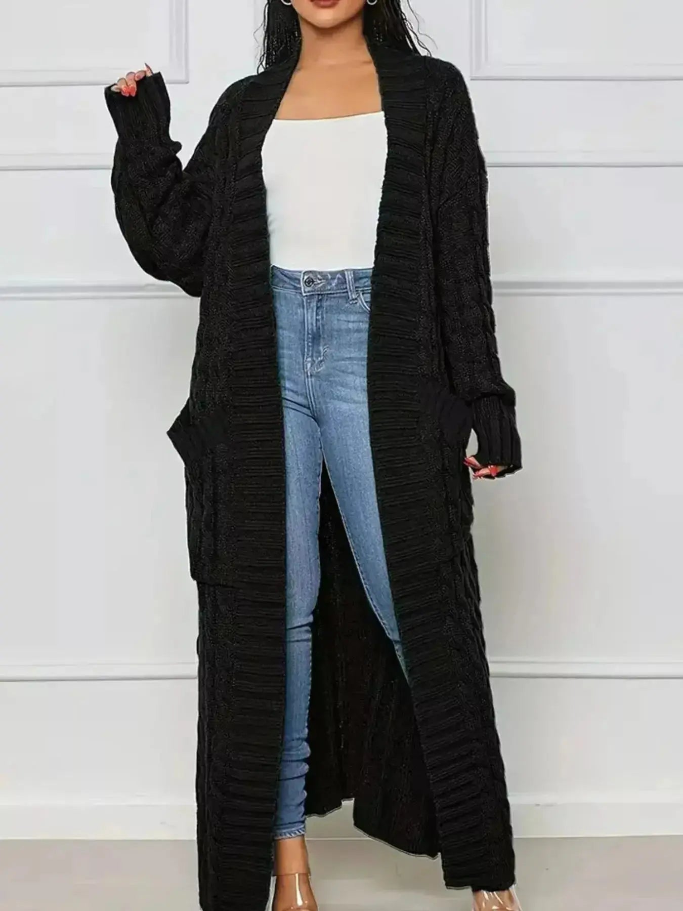Cable Knit Longline Sweater Cardigan with Pockets - DaisyDrop 