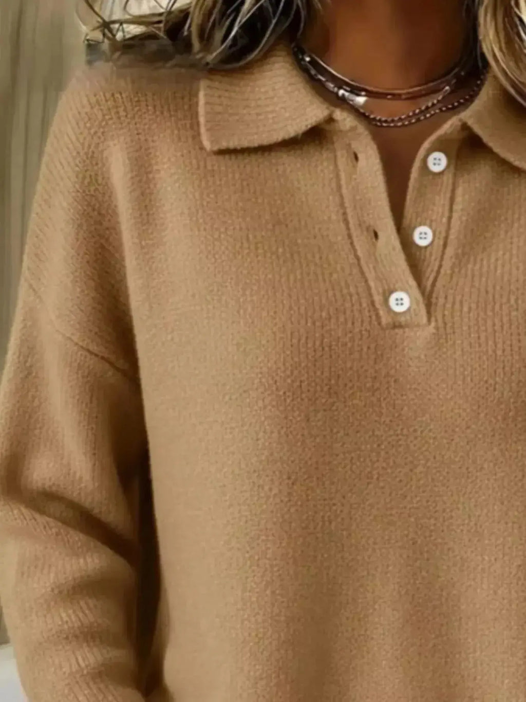 Full Size Half Button Collar Drop Shoulder Sweater Plus Size - DaisyDrop 