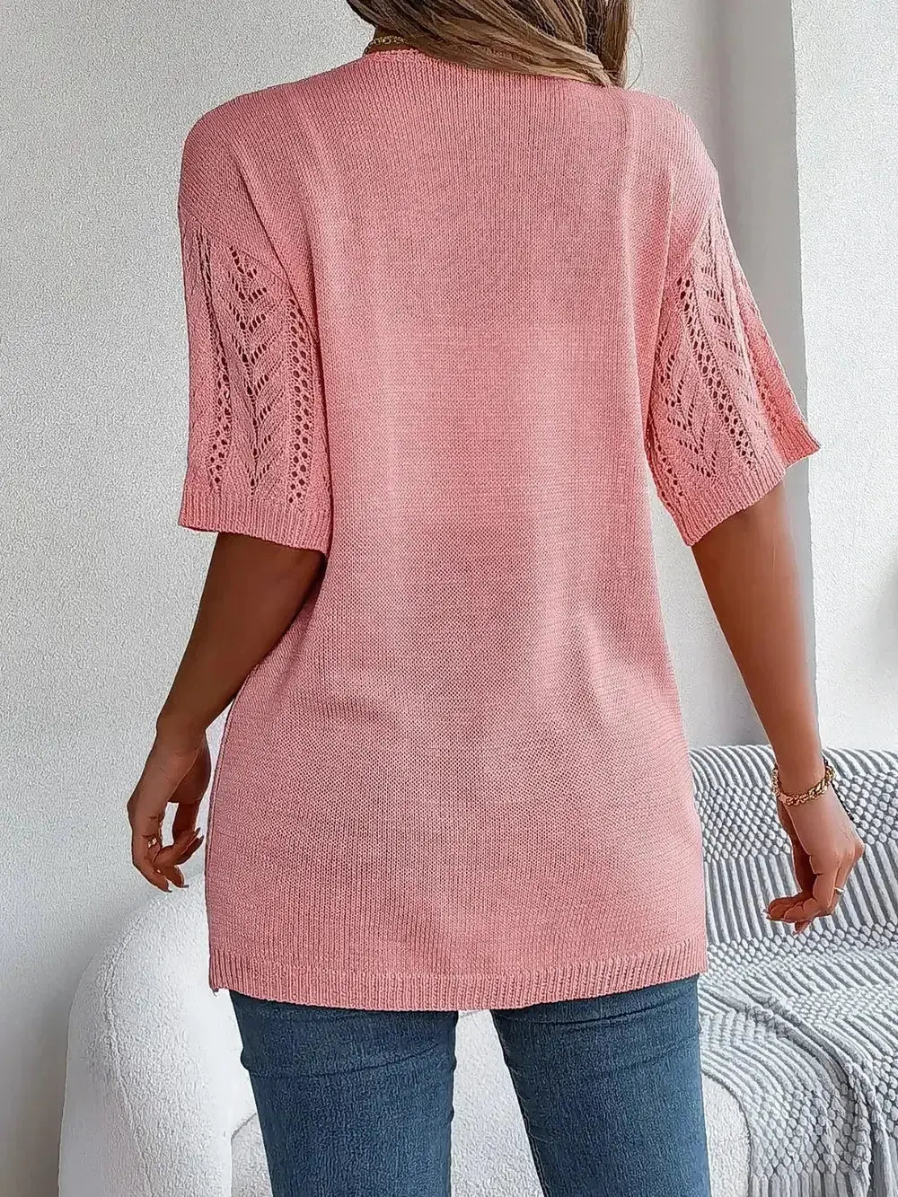 Openwork Open Front Half Sleeve Cardigan - DaisyDrop 