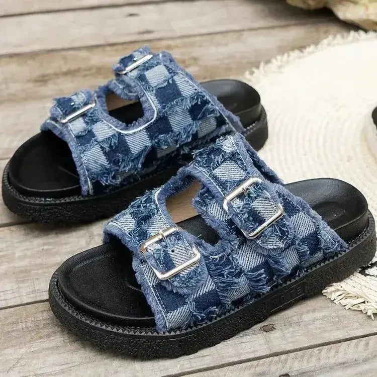 Raw Edge Checkered Cloth Buckle Sandals - DaisyDrop 