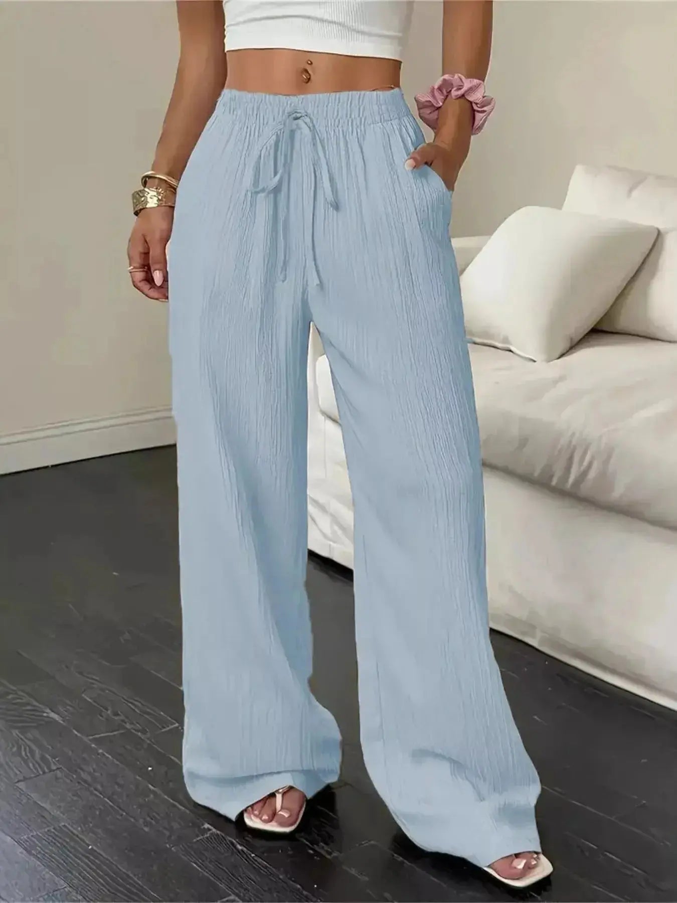 Wide Leg Pants with Drawstring - DaisyDrop 