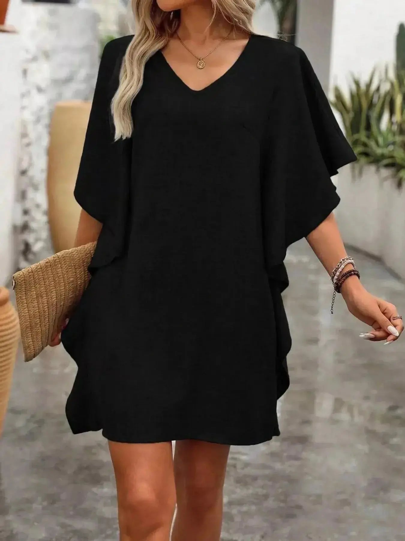 Ruffled Flutter Sleeve V-Neck Mini Dress - DaisyDrop 