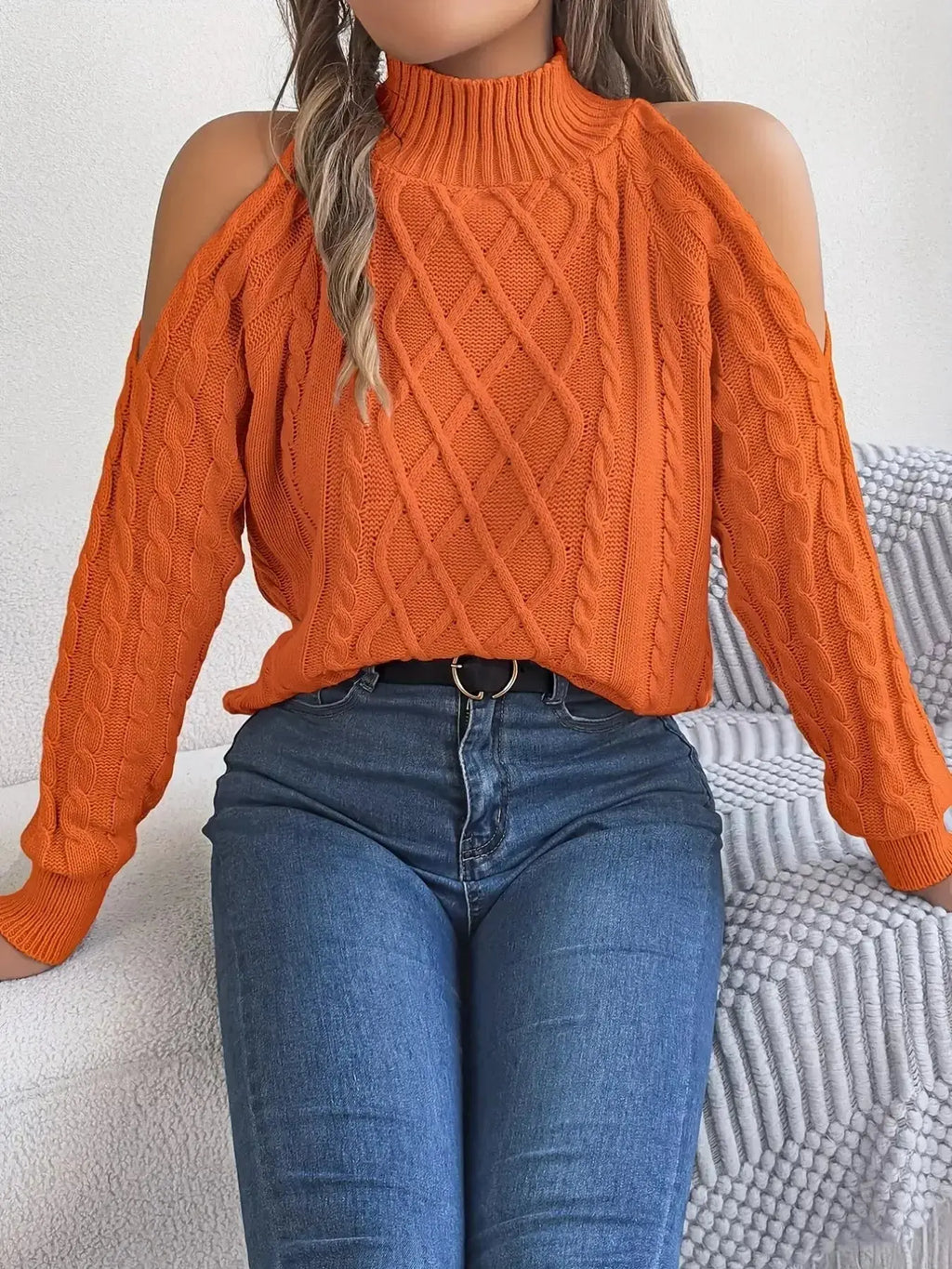 Cable Knit Cold Shoulder Turtleneck Sweater - DaisyDrop 