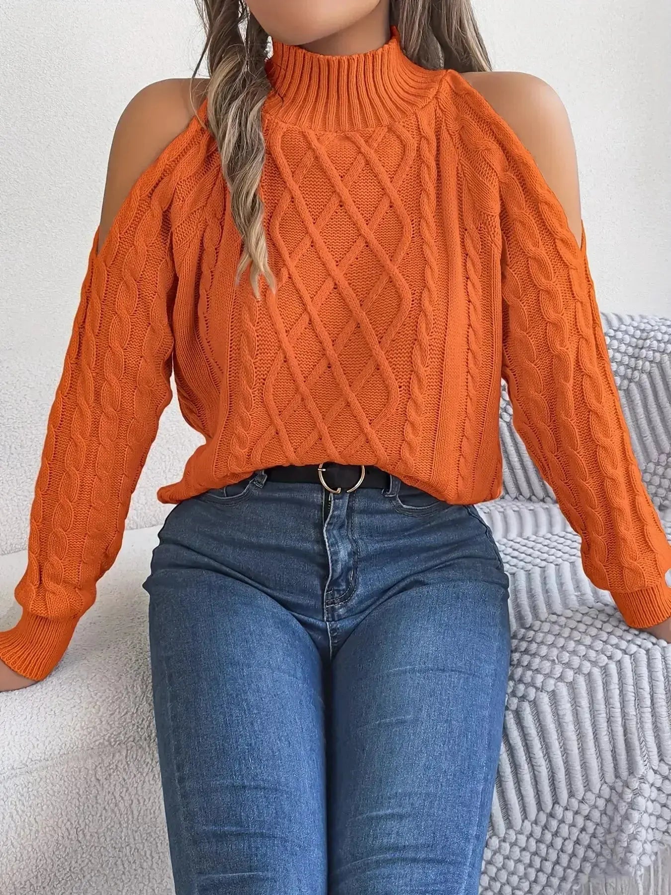 Cable Knit Cold Shoulder Turtleneck Sweater - DaisyDrop 