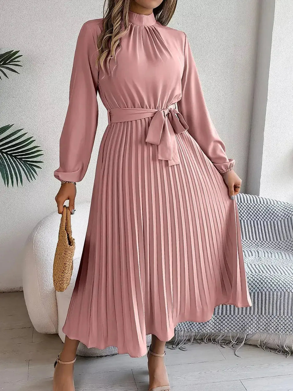 Mock Neck Pleated Midi Dress - DaisyDrop 