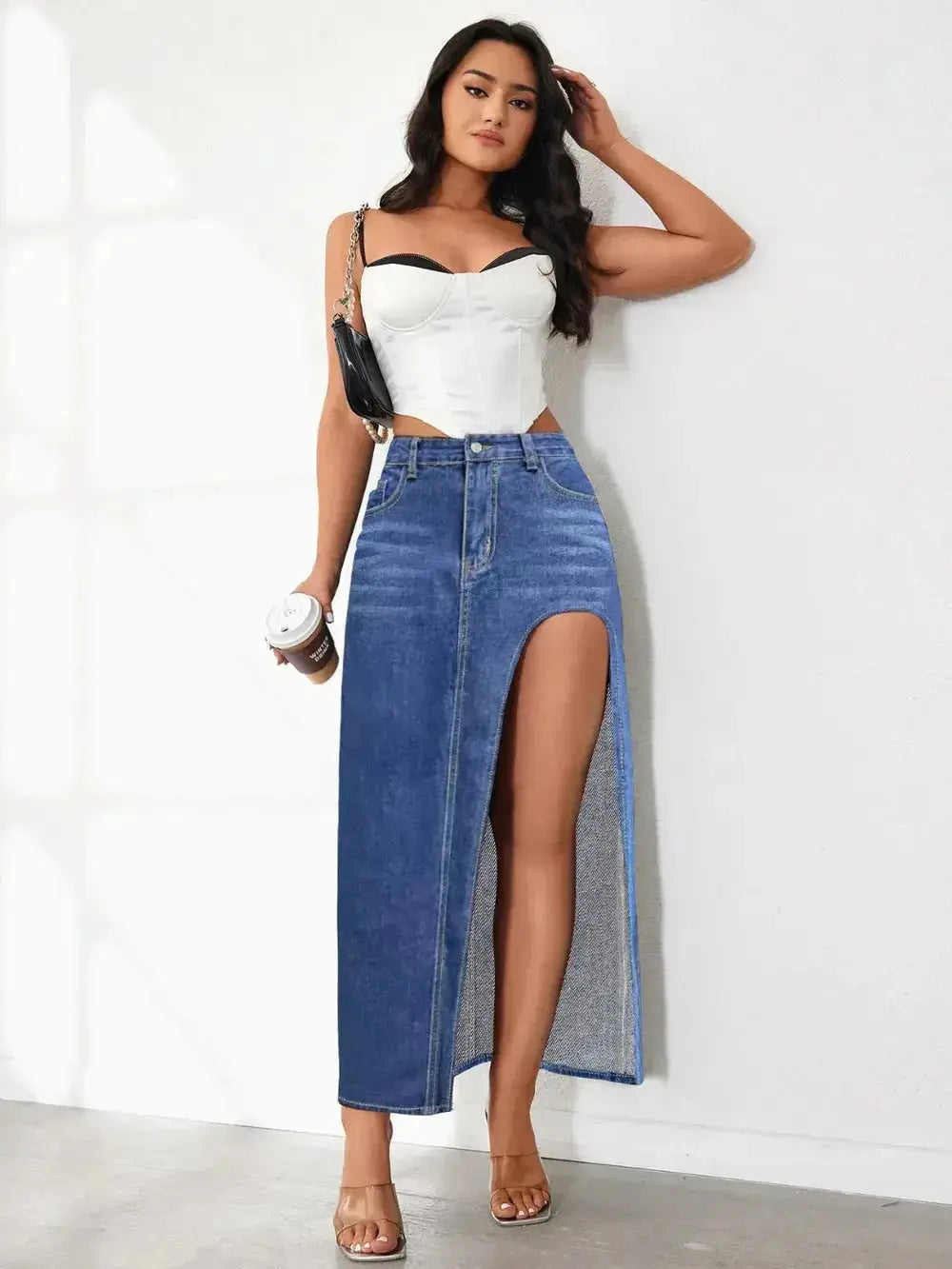 High Rise Slit Denim Skirt - DaisyDrop 
