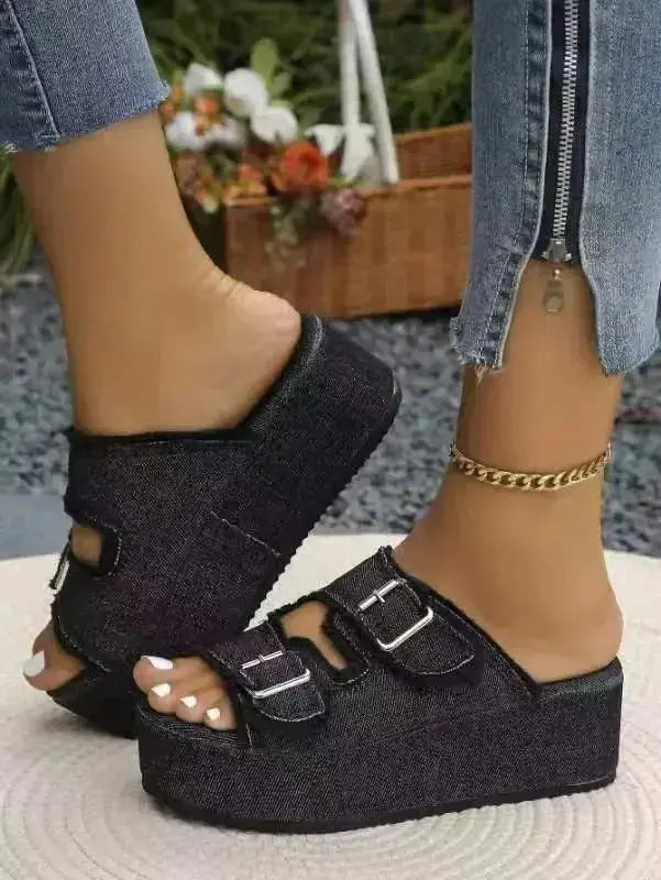 Raw Hem Wedge Buckle Sandals - DaisyDrop 