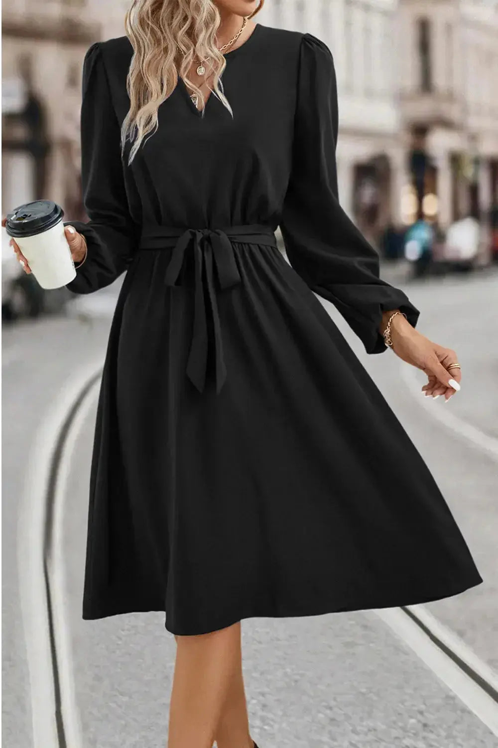 Tie Waist Notched Neck Long Sleeve Dress - DaisyDrop 