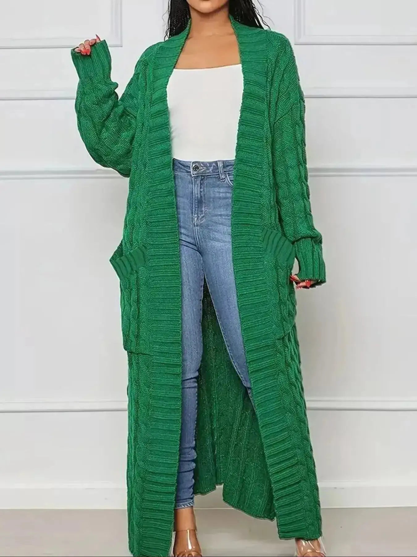 Cable Knit Longline Sweater Cardigan with Pockets - DaisyDrop 