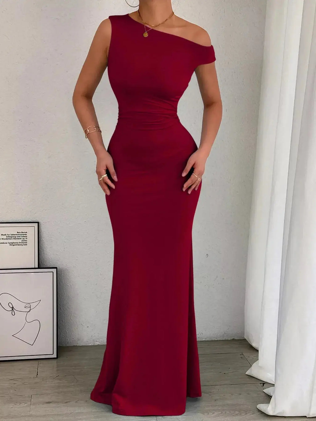 One-Shoulder Ruched Bodycon Maxi Dress - DaisyDrop 