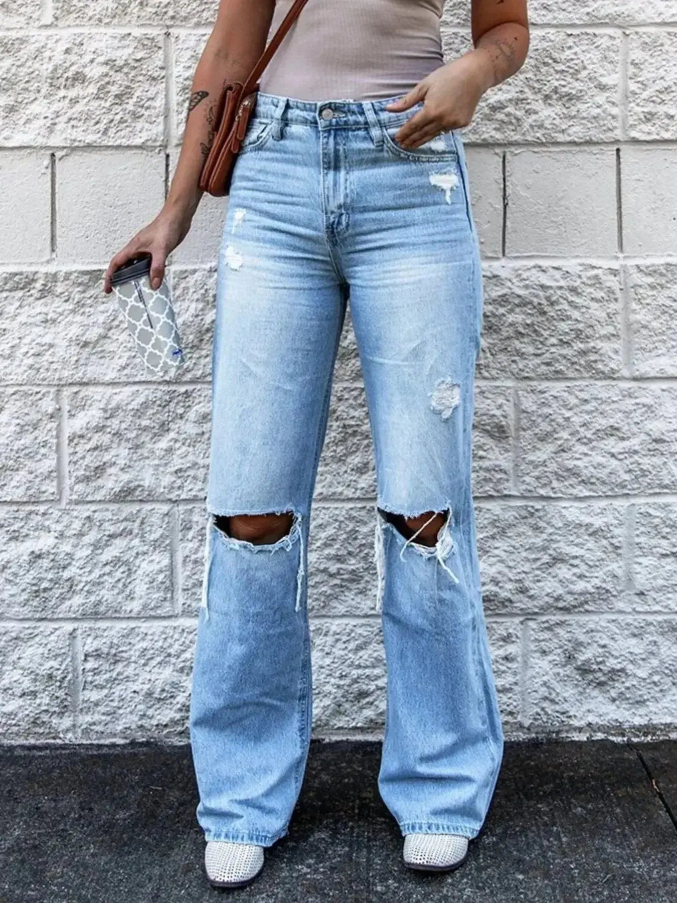 High Waist Distressed Jeans - DaisyDrop 