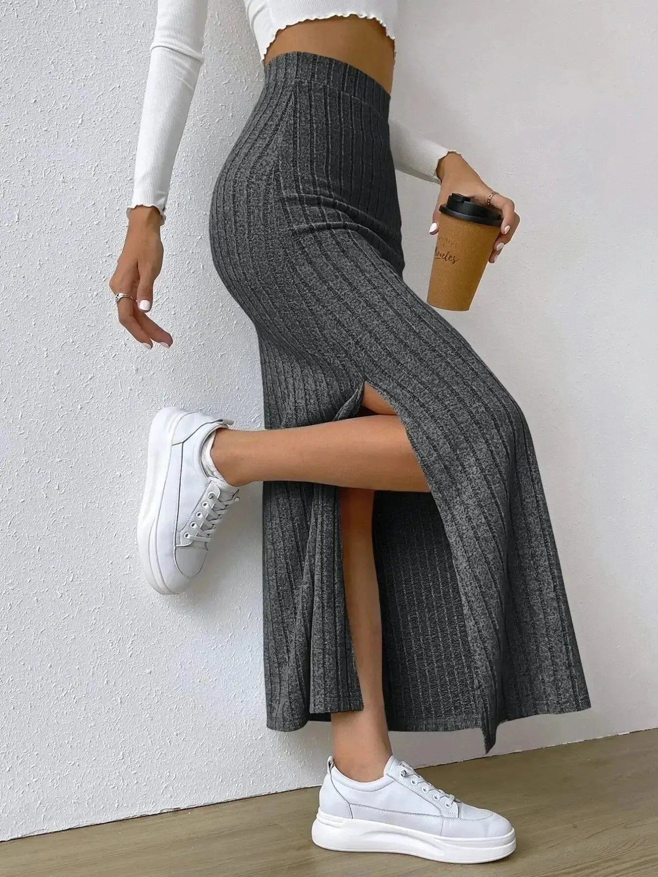 High Waist Ribbed Knit Maxi Skirt - DaisyDrop 