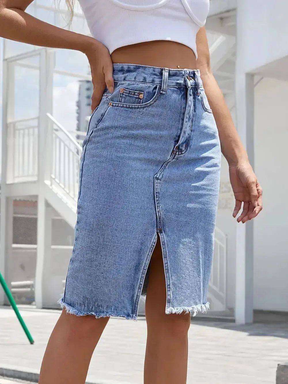 Raw Hem Slit Denim Skirt - DaisyDrop 