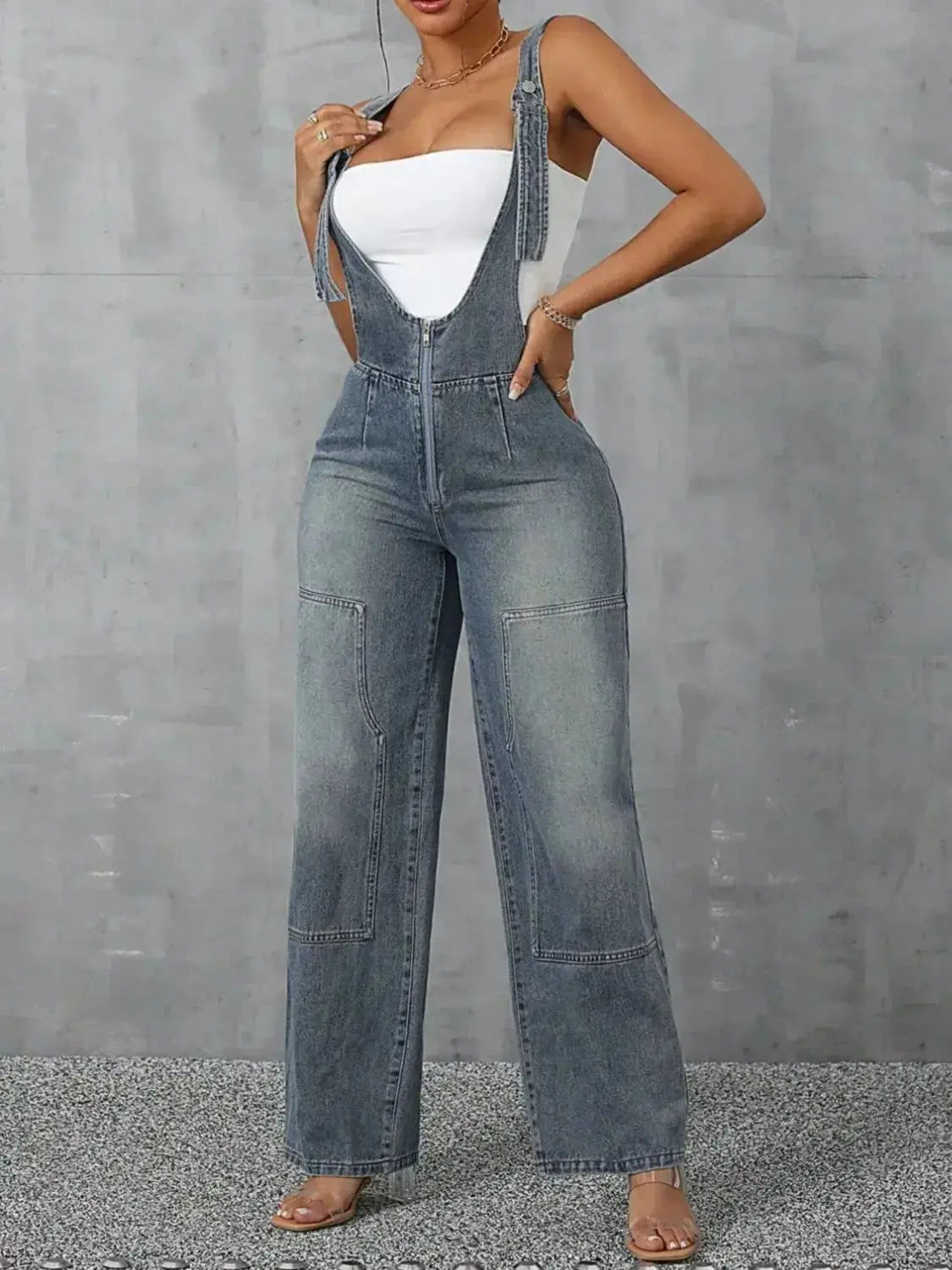 Zip Front Wide Strap Denim Overalls - DaisyDrop 