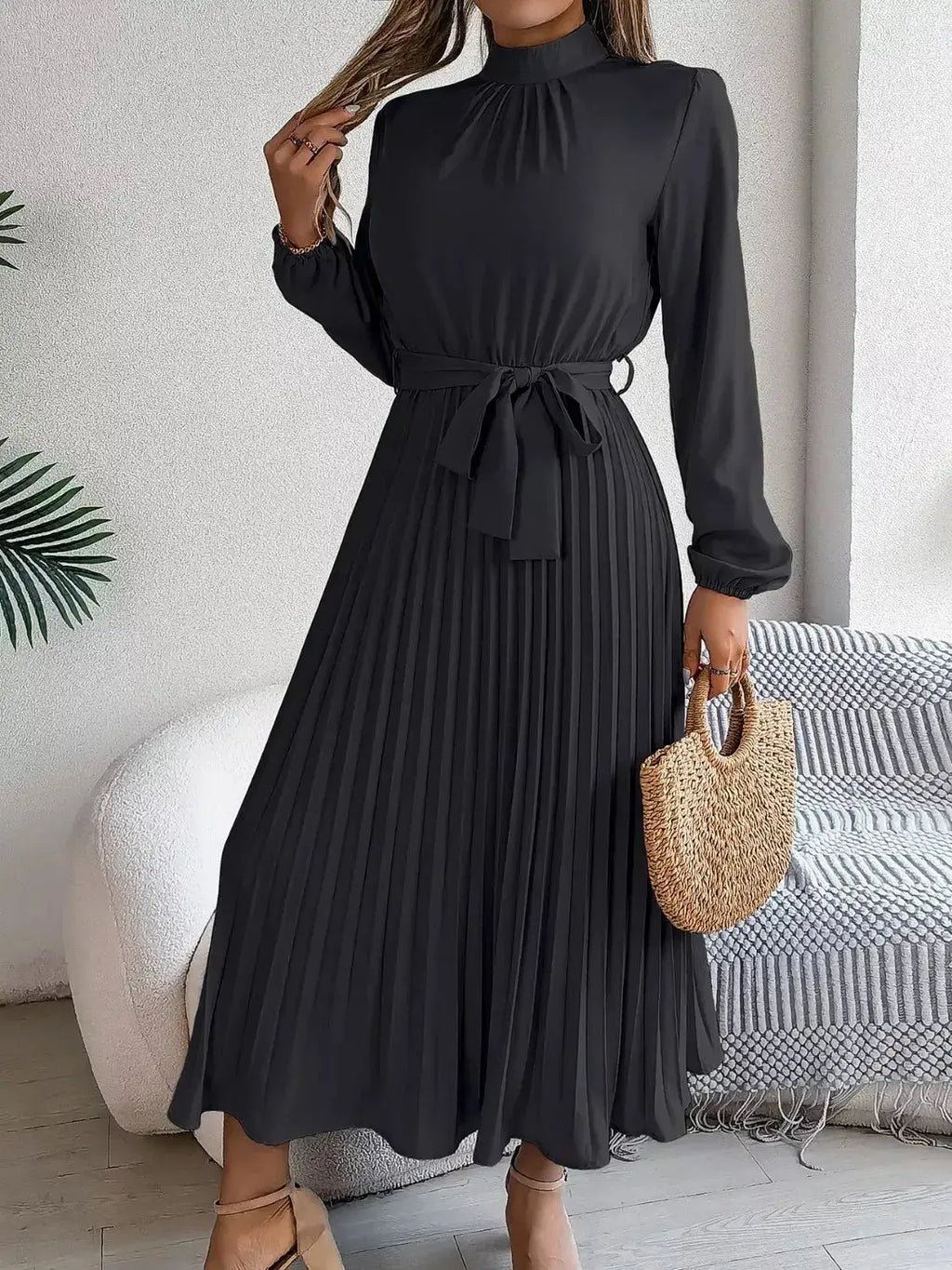 Mock Neck Pleated Midi Dress - DaisyDrop 