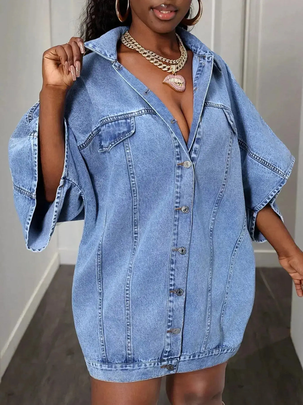 Oversized Batwing Sleeve Denim Top - DaisyDrop 
