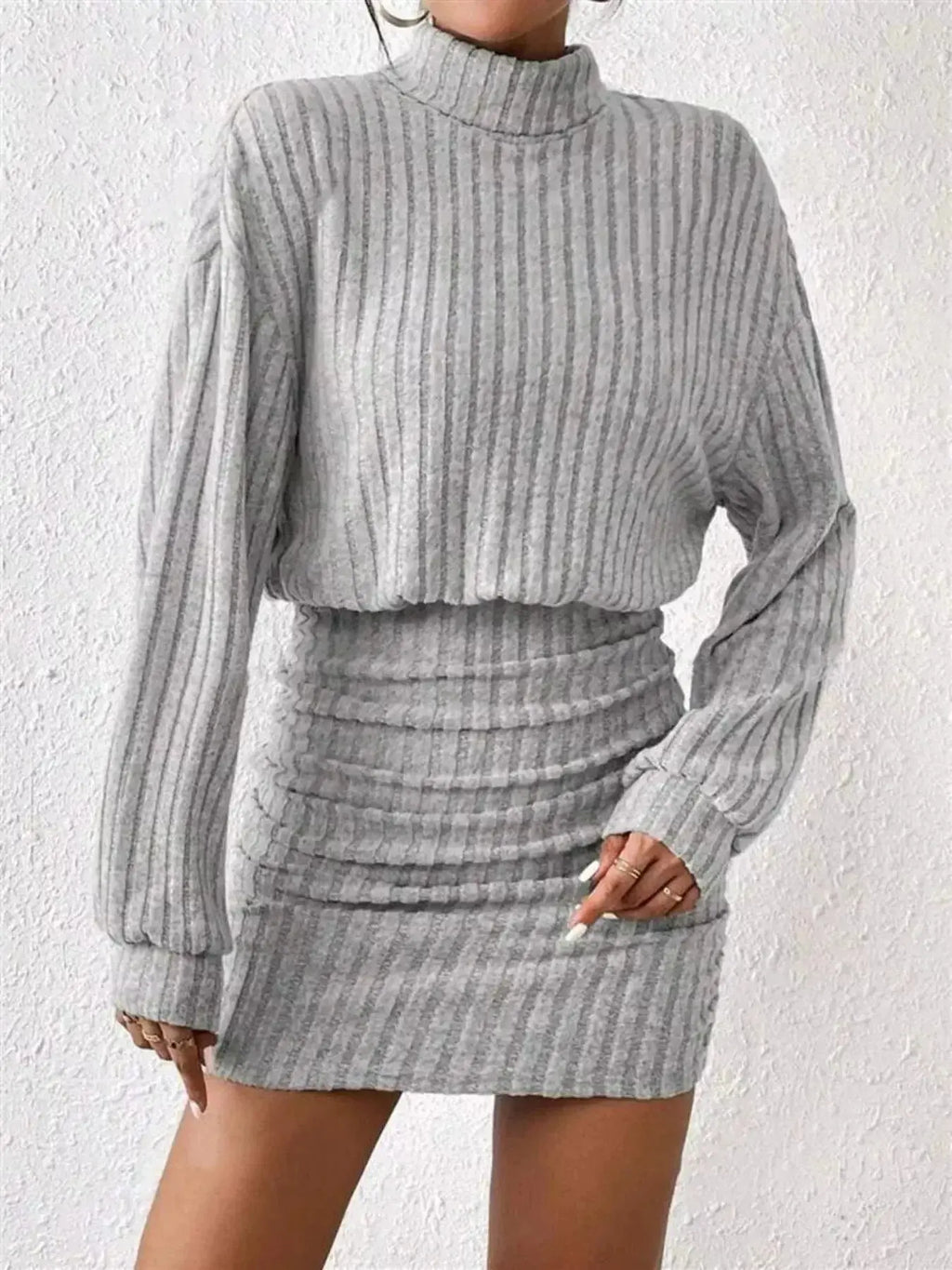 Ribbed Knit Turtleneck Bodycon Mini Dress - DaisyDrop 