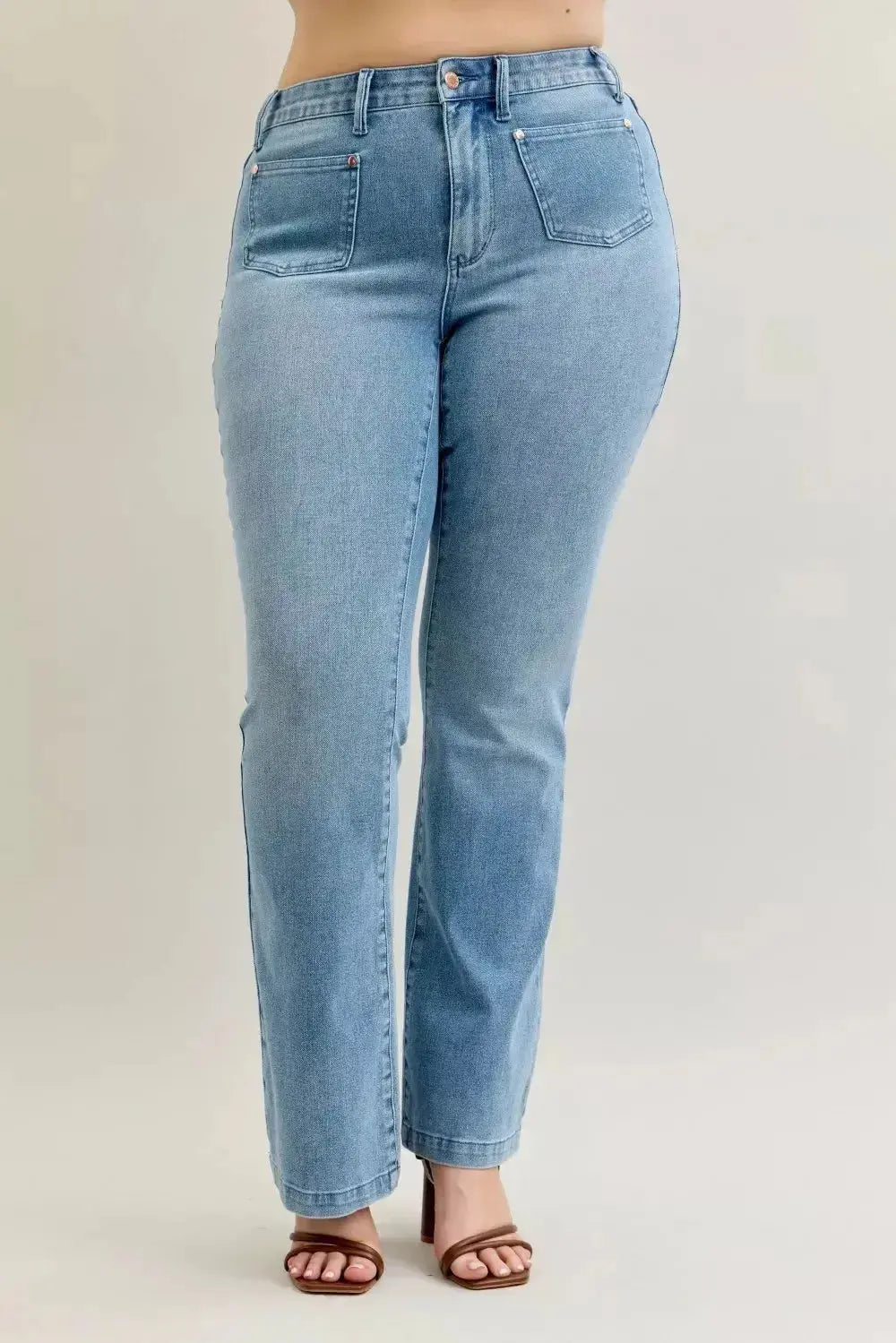 Judy Blue Full Size Mid Rise Bootcut Jeans with Contrast Wash & Front Patch Pockets Plus Size - DaisyDrop 