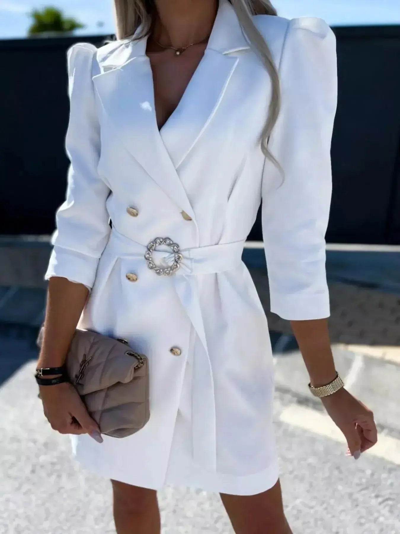 3/4 Sleeve Belted Blazer Dress - DaisyDrop 