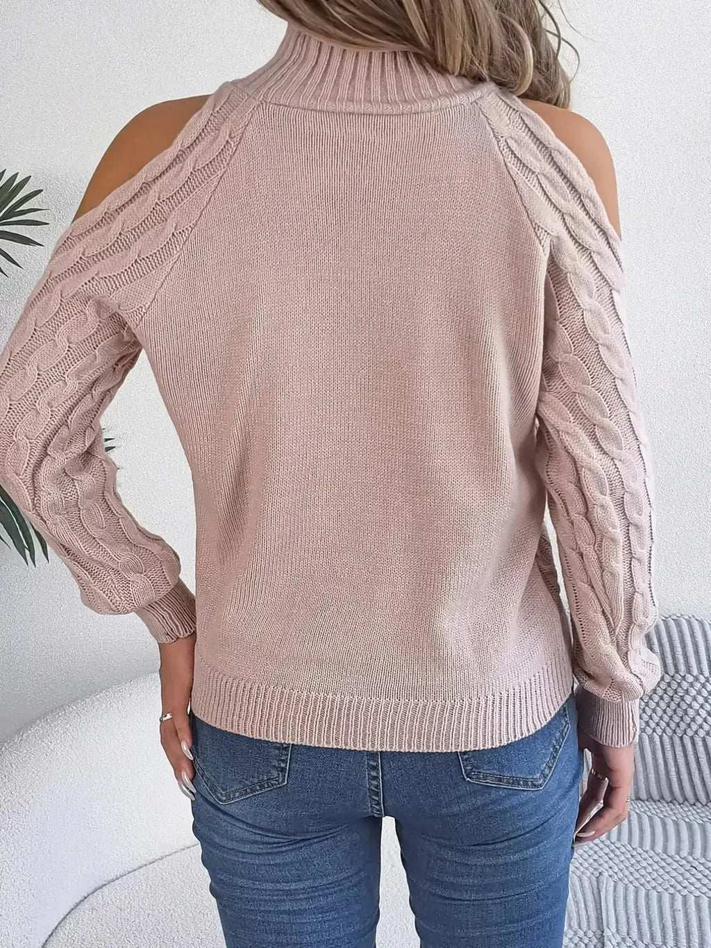 Cable Knit Cold Shoulder Turtleneck Sweater - DaisyDrop 